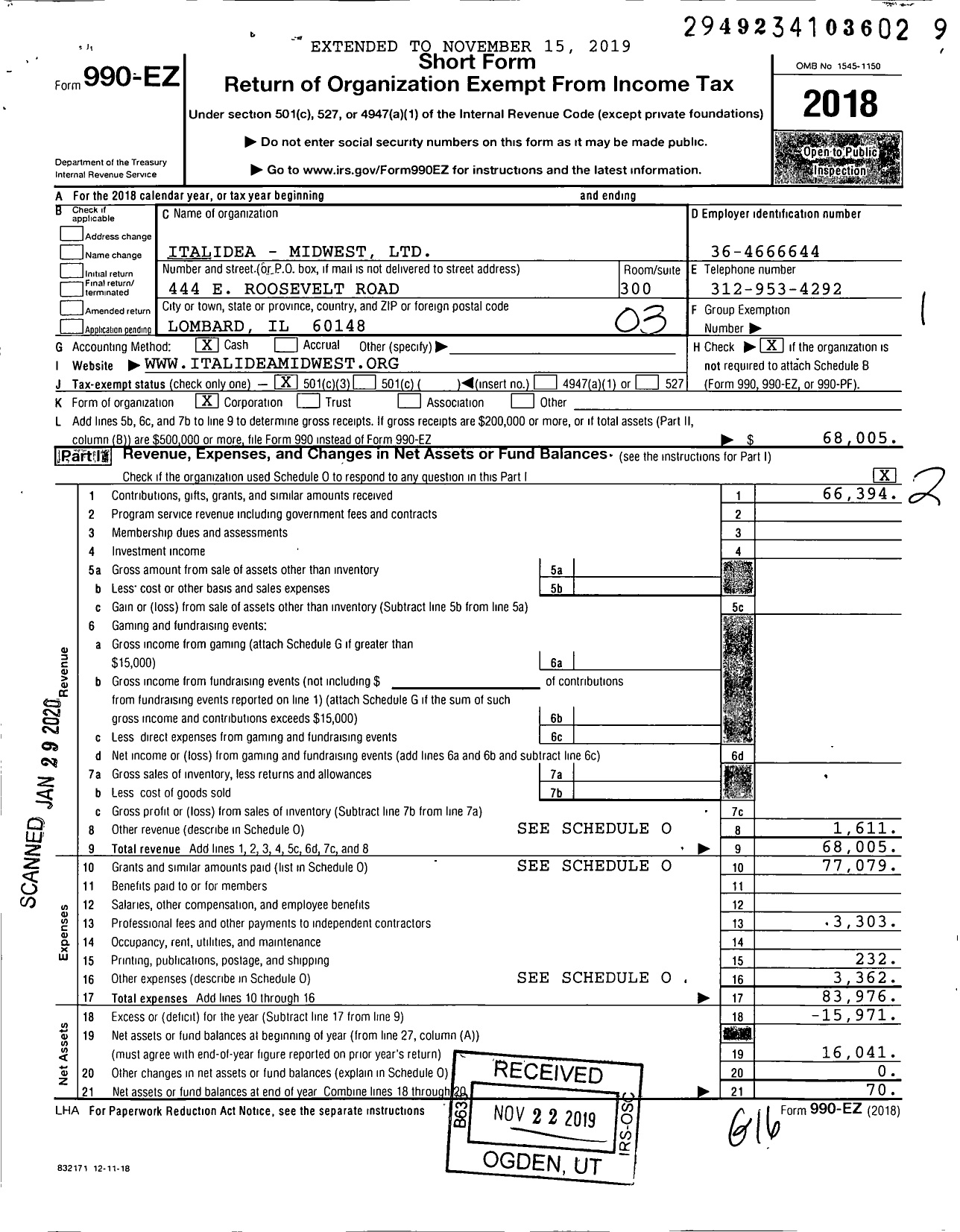 Image of first page of 2018 Form 990EZ for Italidea - Midwest