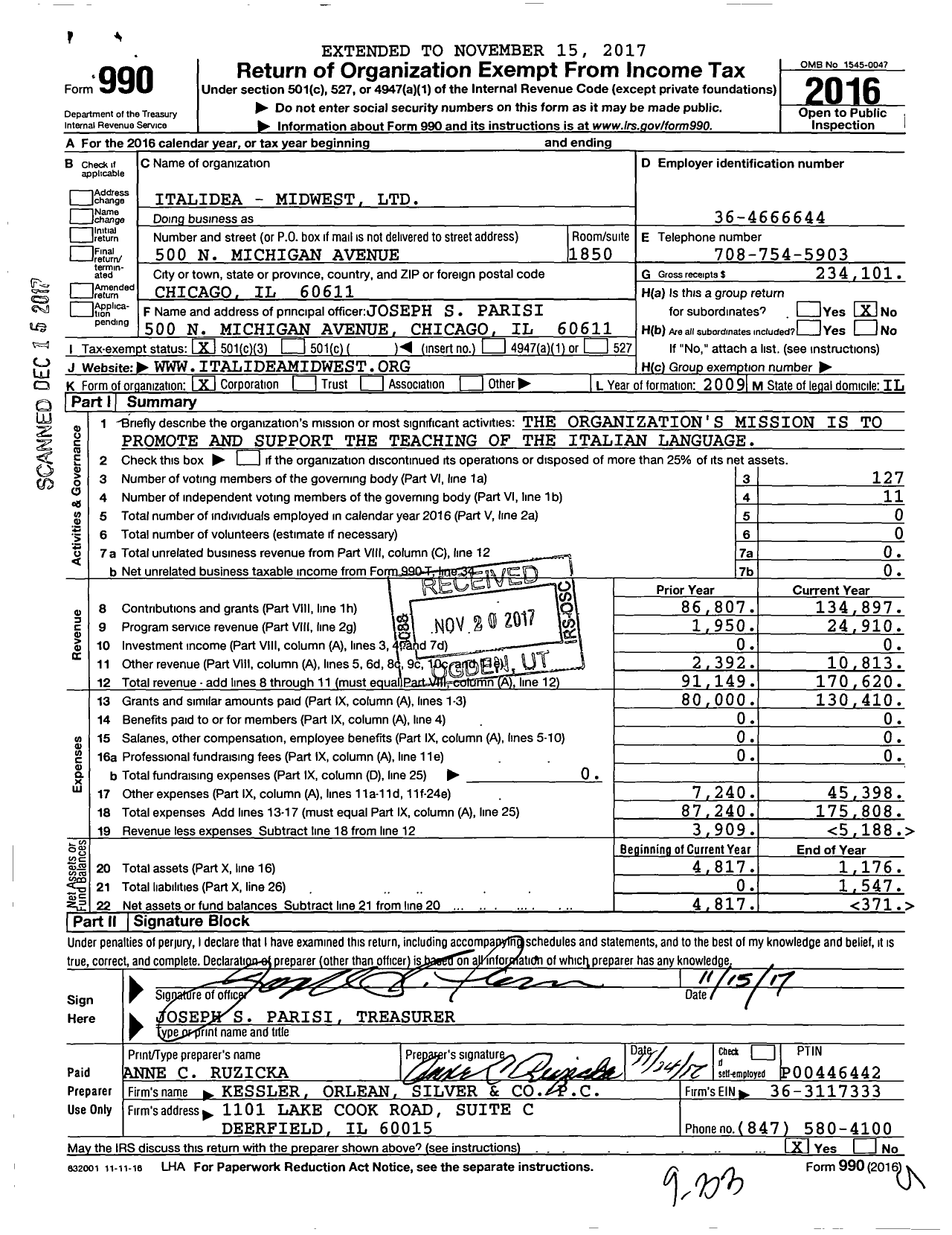 Image of first page of 2016 Form 990 for Italidea - Midwest