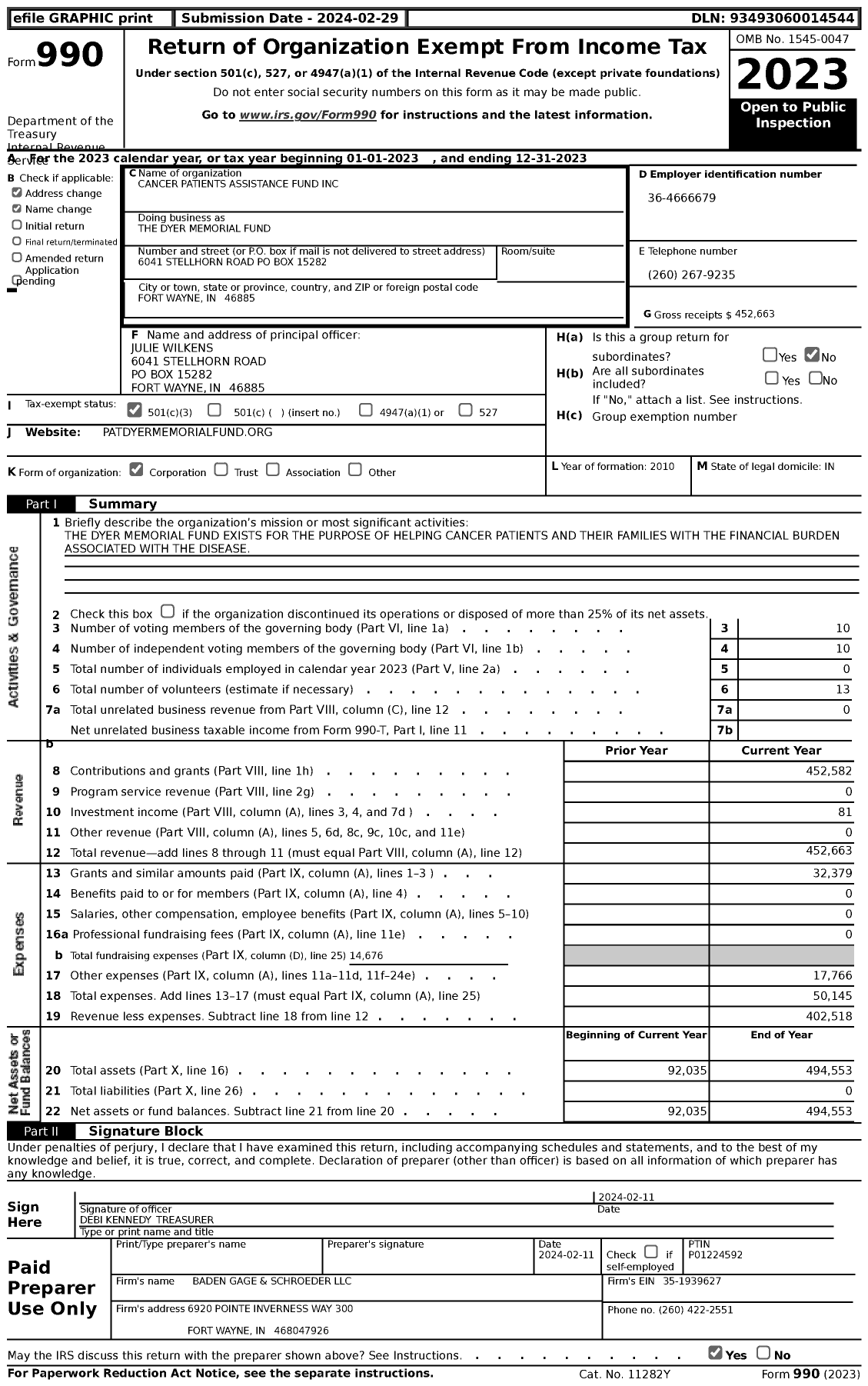 Image of first page of 2023 Form 990 for The Dyer Memorial Fund