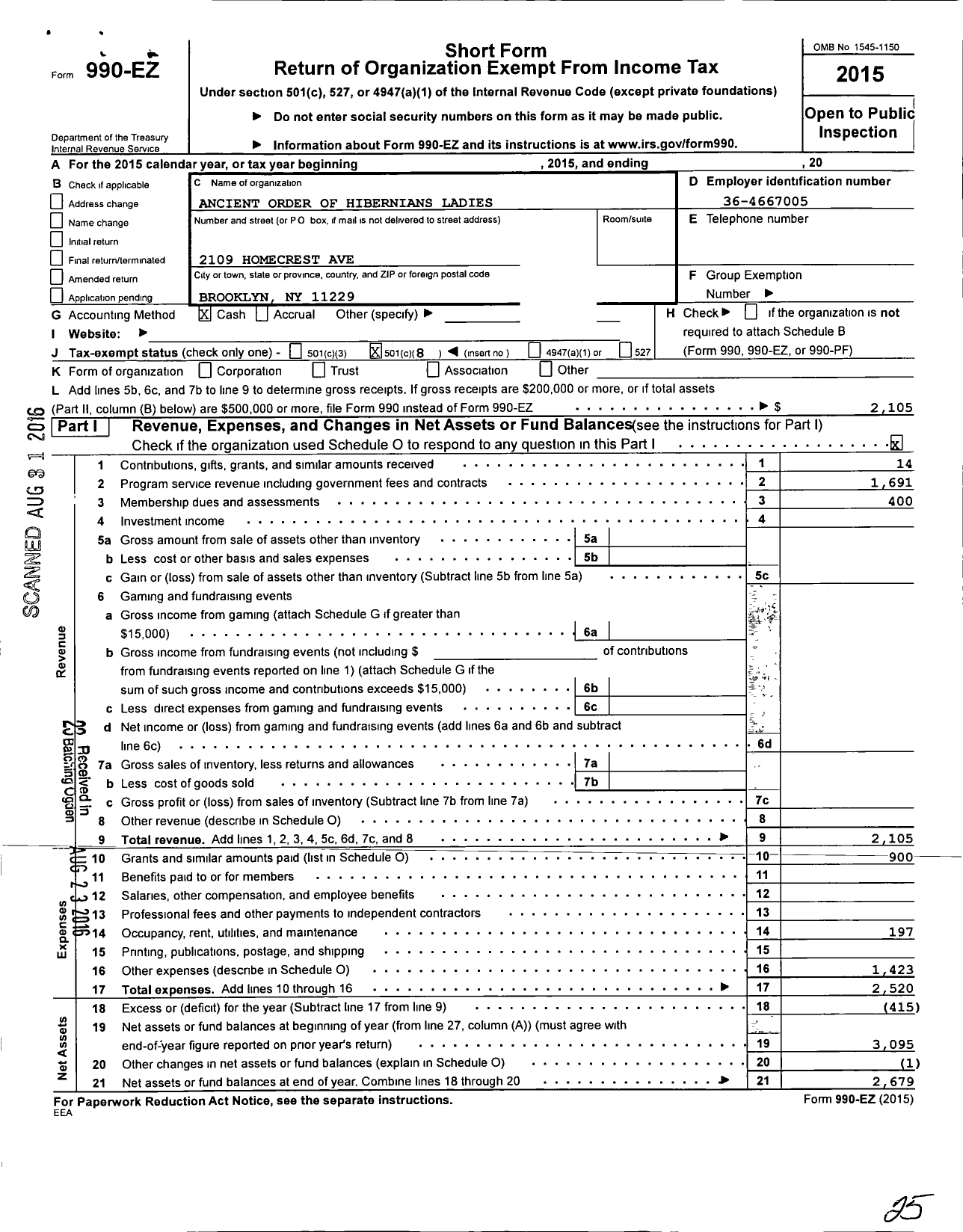 Image of first page of 2015 Form 990EO for Ancient Order of Hibernians Ladies