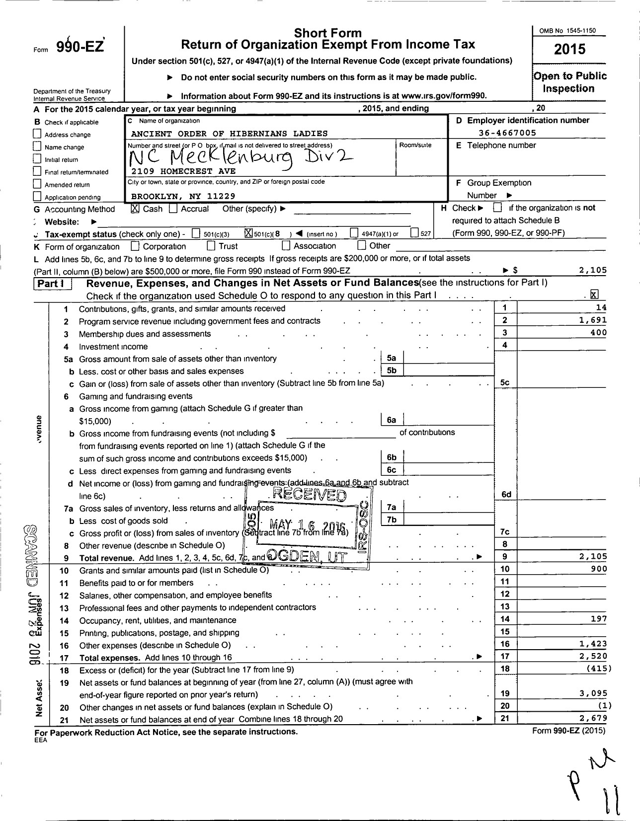 Image of first page of 2015 Form 990EO for Ancient Order of Hibernians Ladies