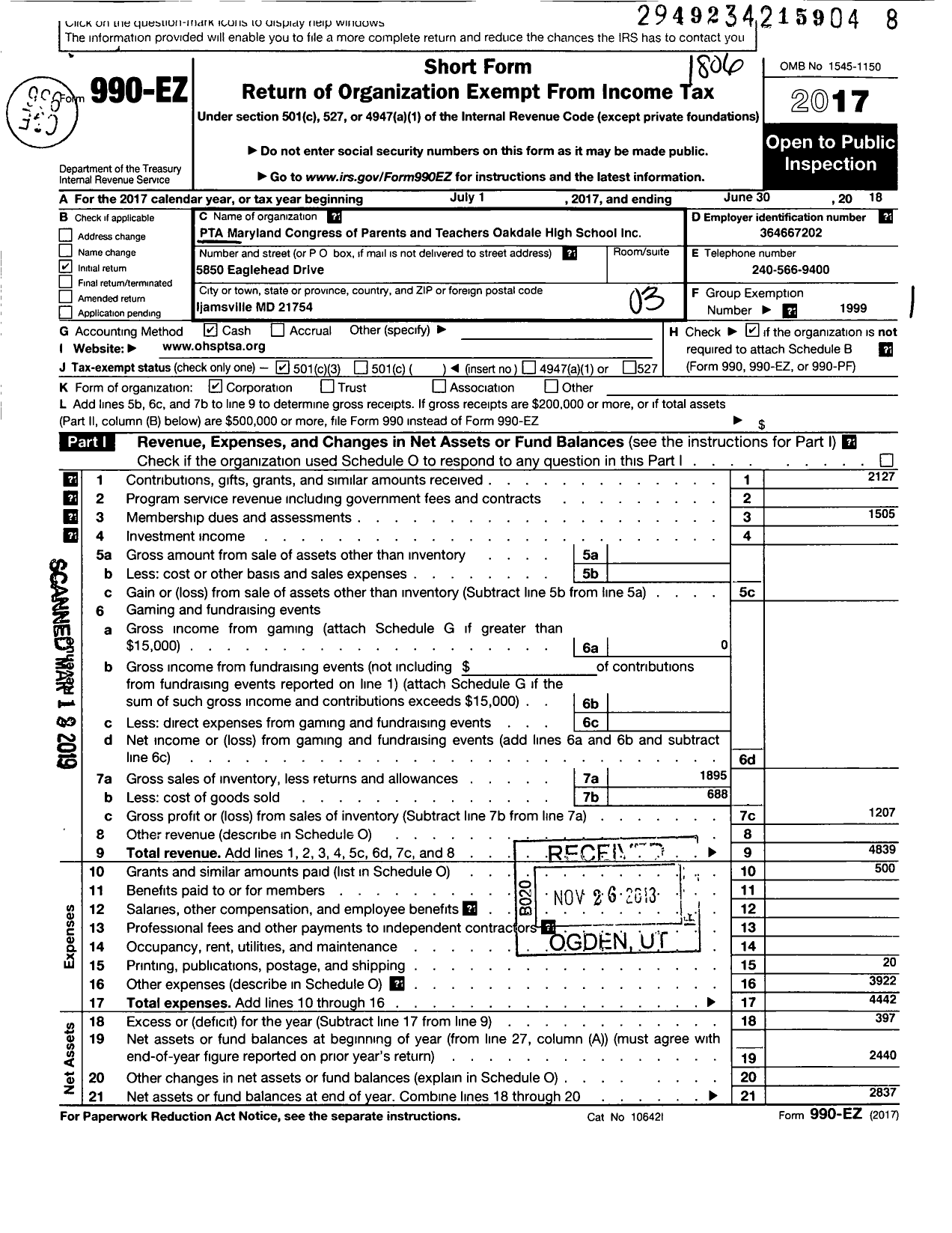 Image of first page of 2017 Form 990EZ for PTA Oakdale High School Maryland Congress of Parents and Teachers