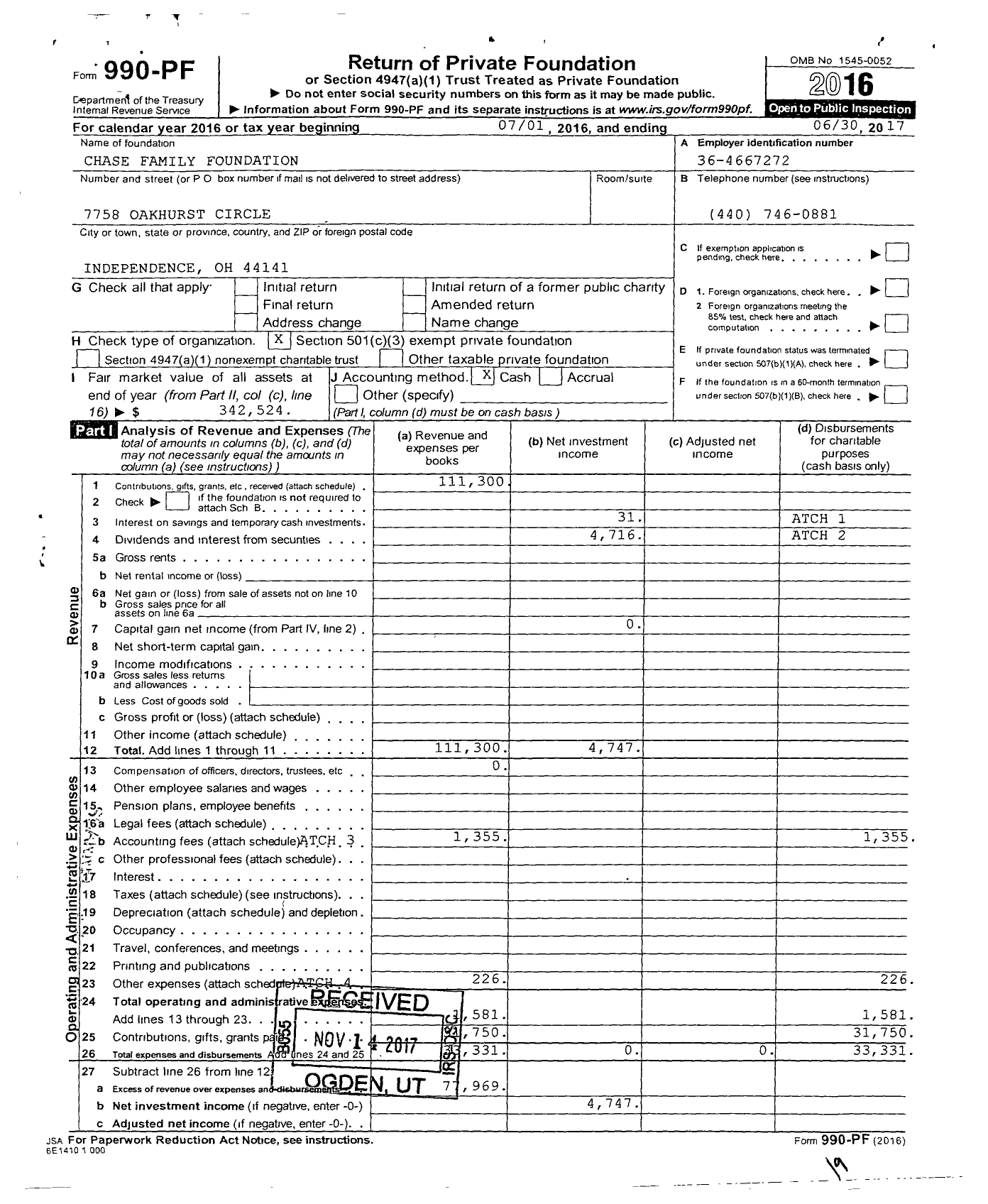 Image of first page of 2016 Form 990PF for Chase Family Foundation