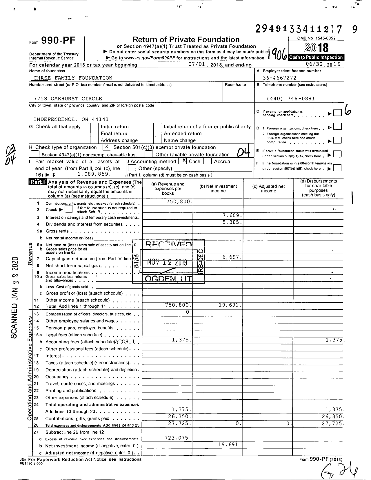 Image of first page of 2018 Form 990PF for Chase Family Foundation