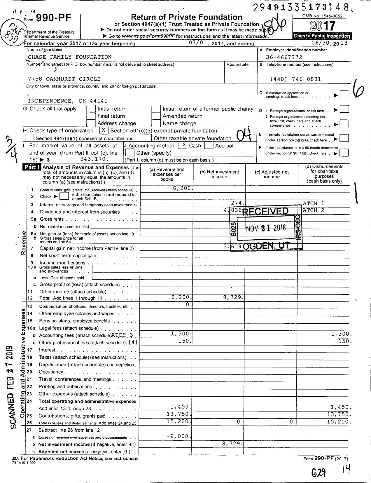 Image of first page of 2017 Form 990PF for Chase Family Foundation