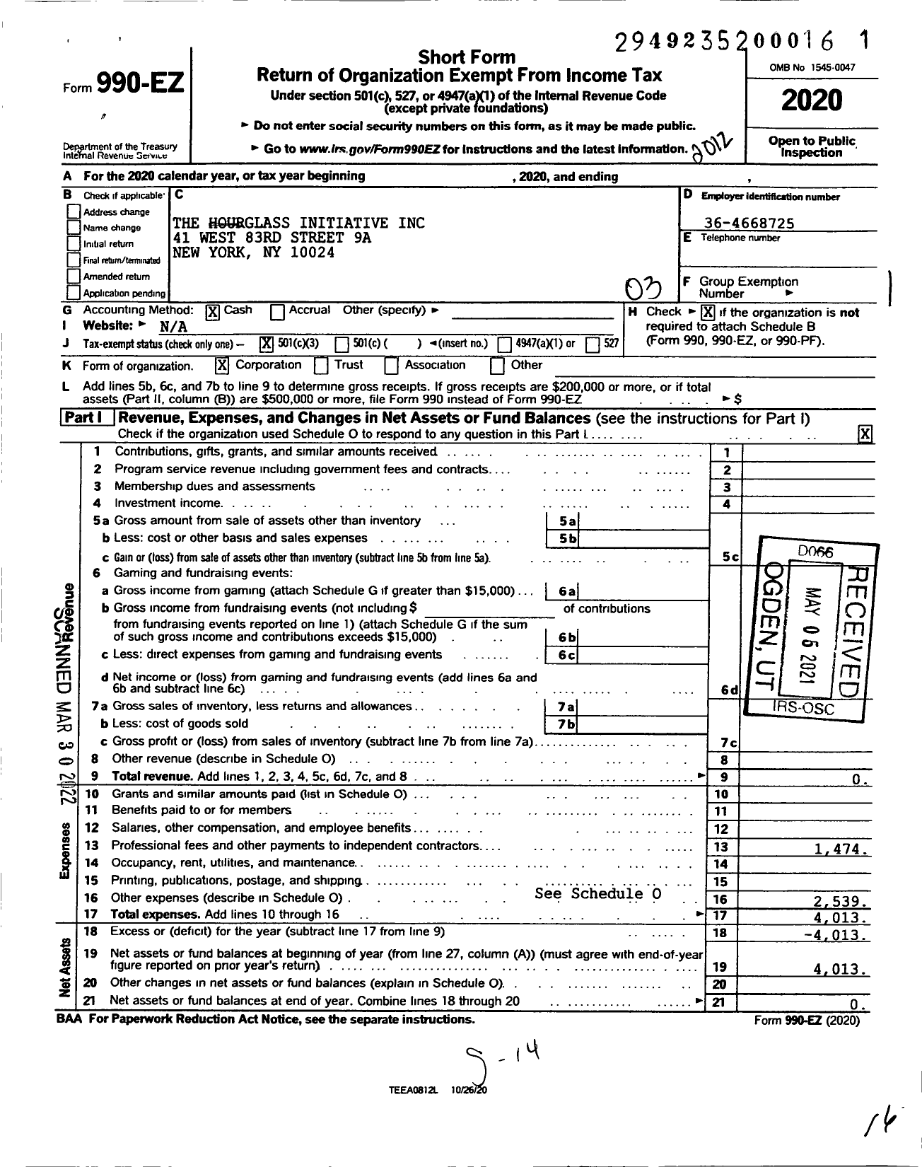 Image of first page of 2020 Form 990EZ for The Hourglass Initiative