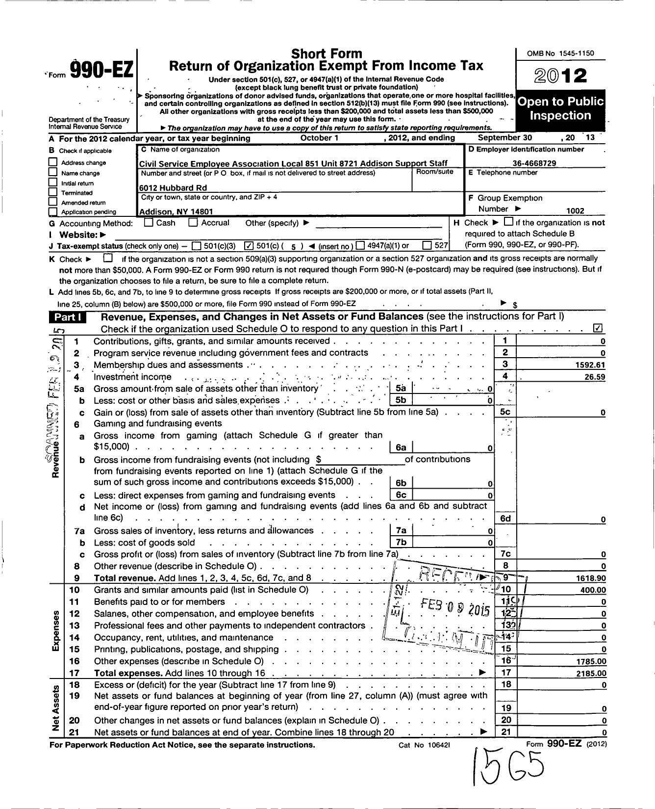 Image of first page of 2012 Form 990EO for Civil Service Employees Association - 0851-872100 STBN Cnty Addsn CNTL SD