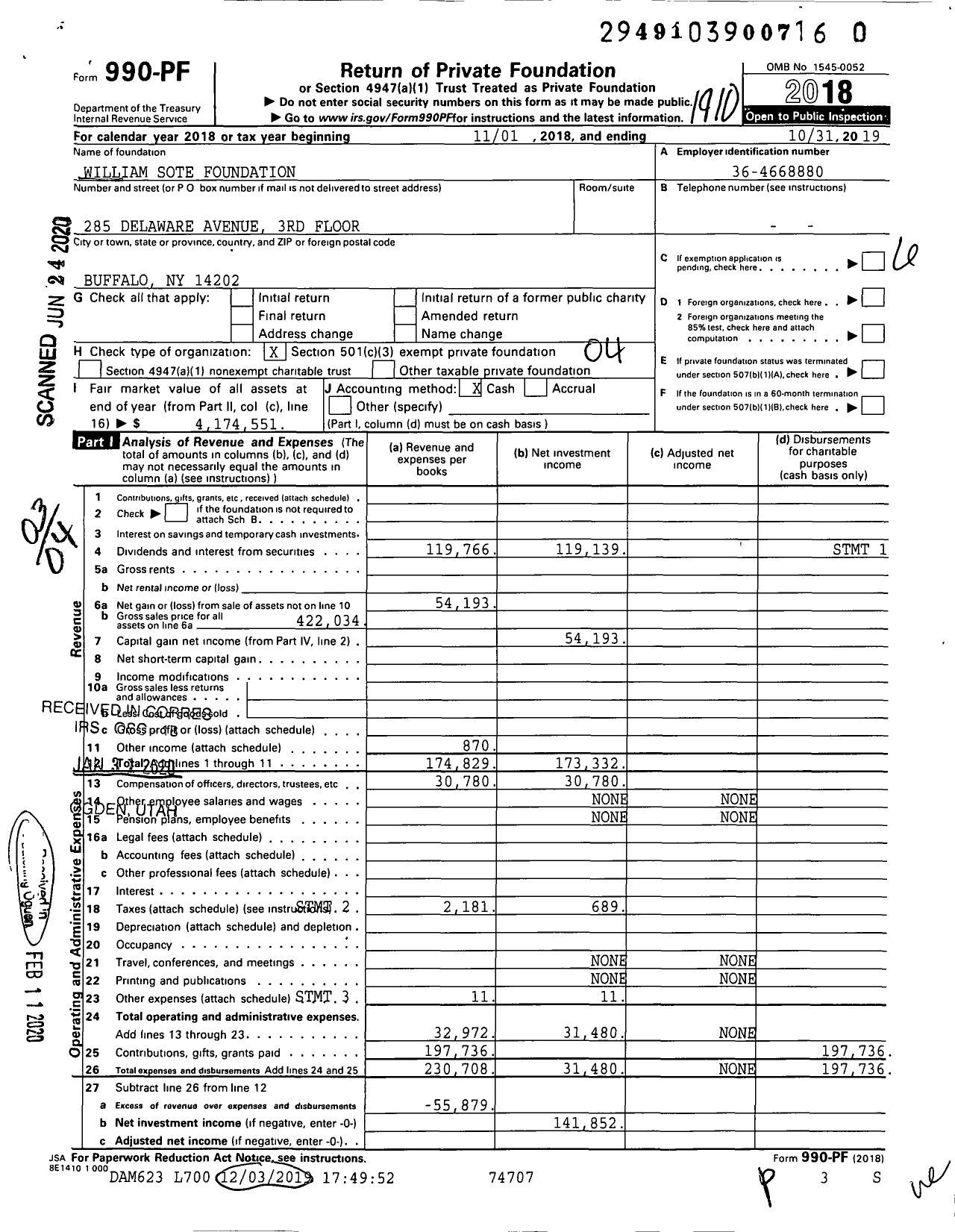 Image of first page of 2018 Form 990PR for William Sote Foundation