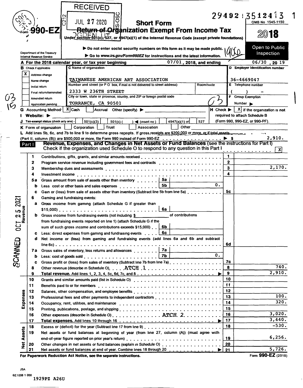 Image of first page of 2018 Form 990EZ for Taiwanese American Art Association