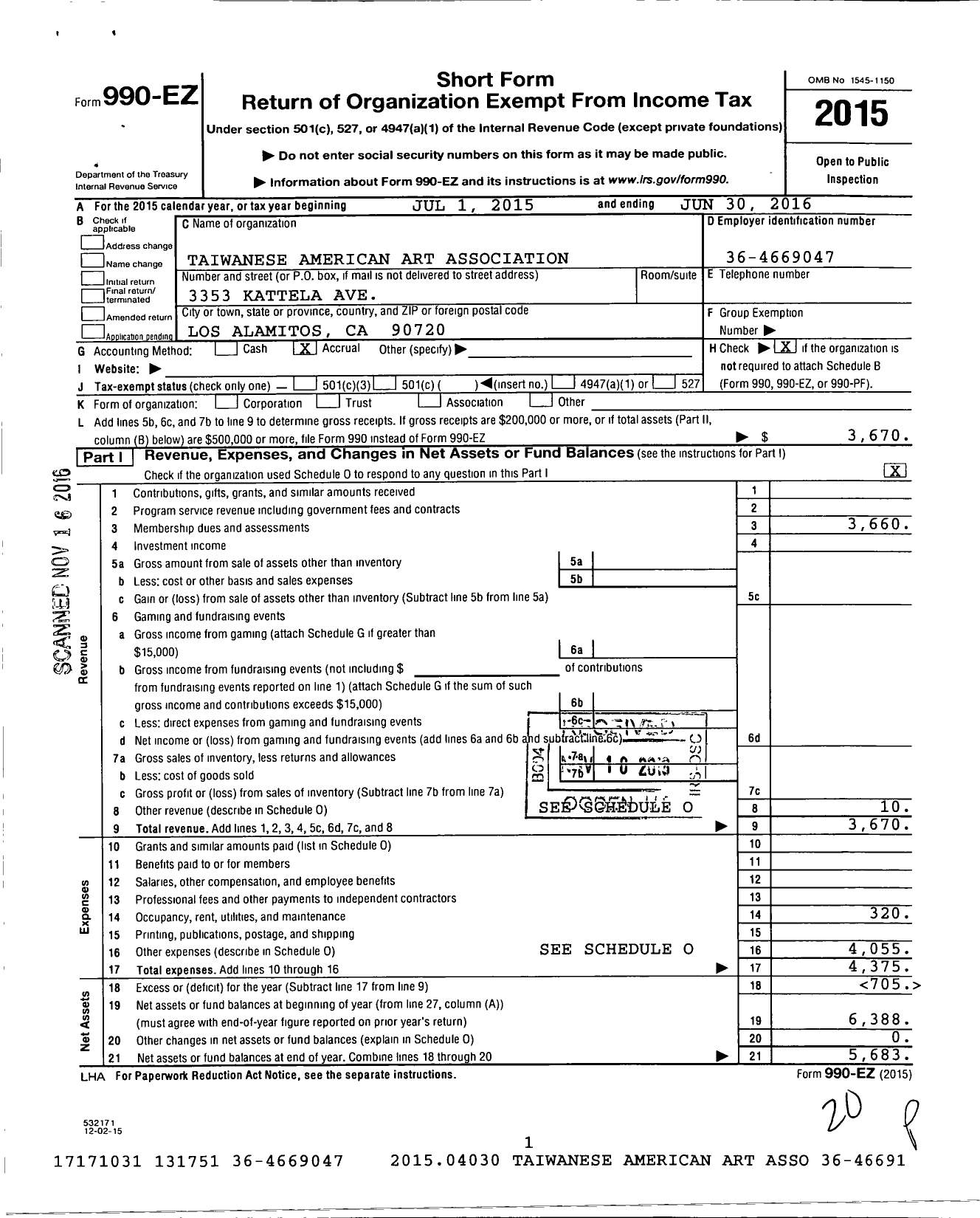 Image of first page of 2015 Form 990EO for Taiwanese American Art Association