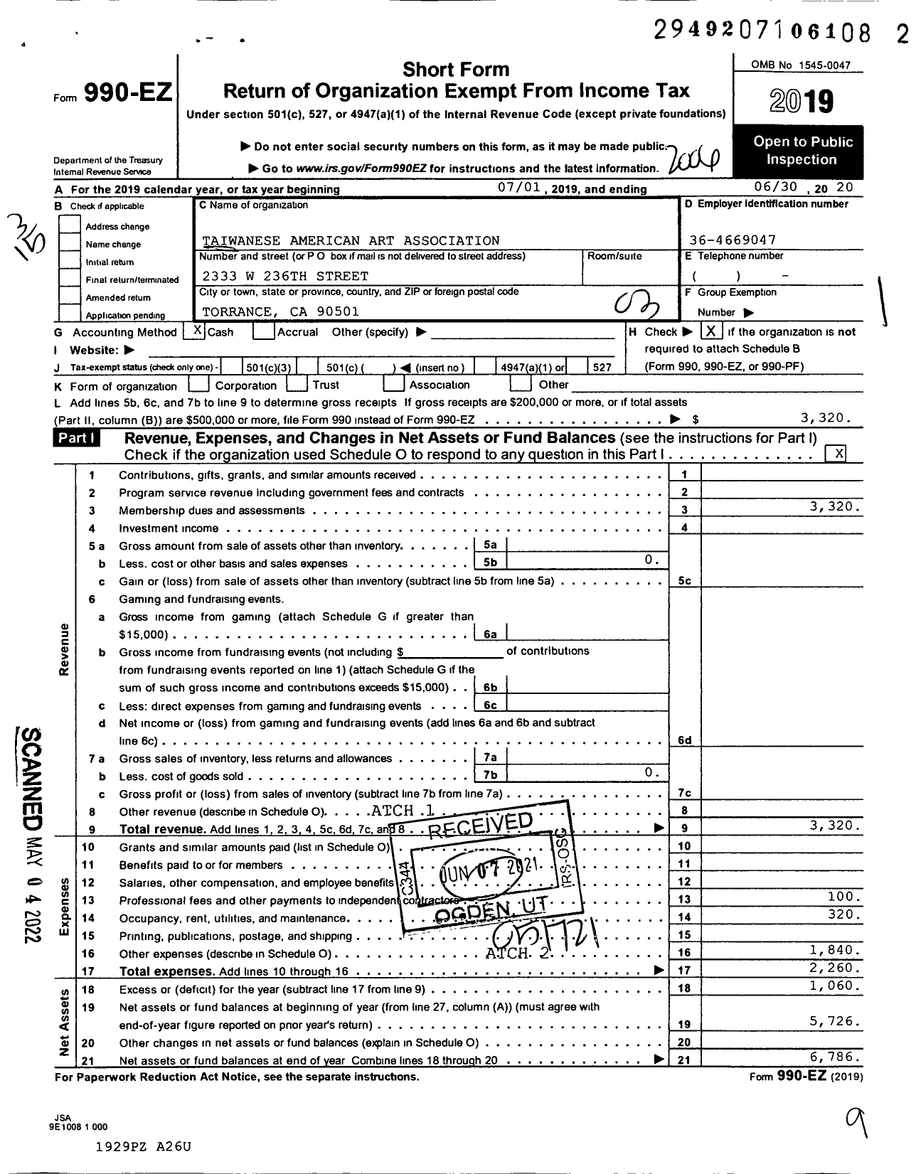 Image of first page of 2019 Form 990EZ for Taiwanese American Art Association