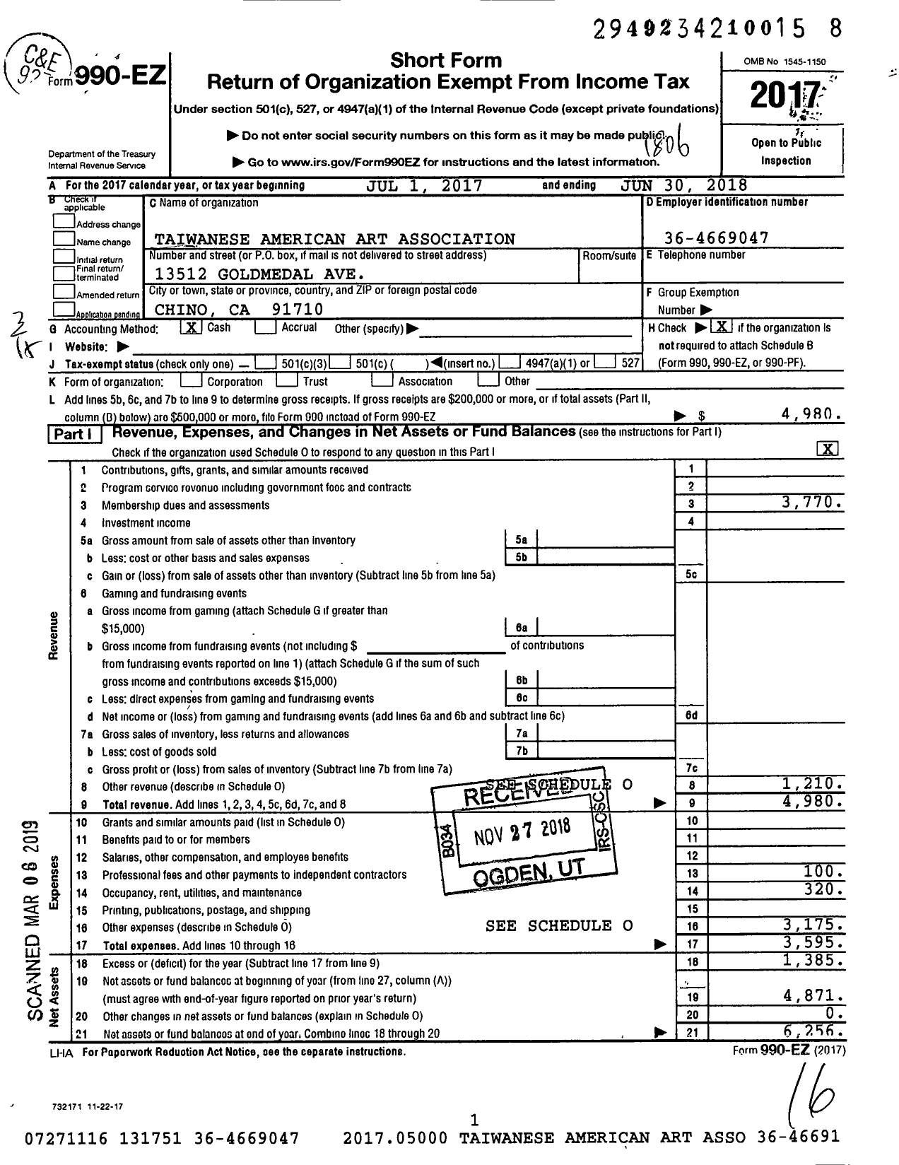 Image of first page of 2017 Form 990EZ for Taiwanese American Art Association