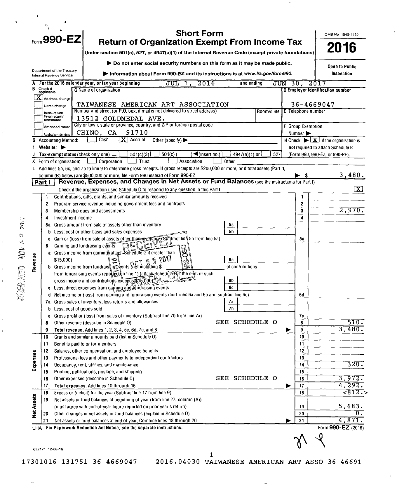 Image of first page of 2016 Form 990EO for Taiwanese American Art Association