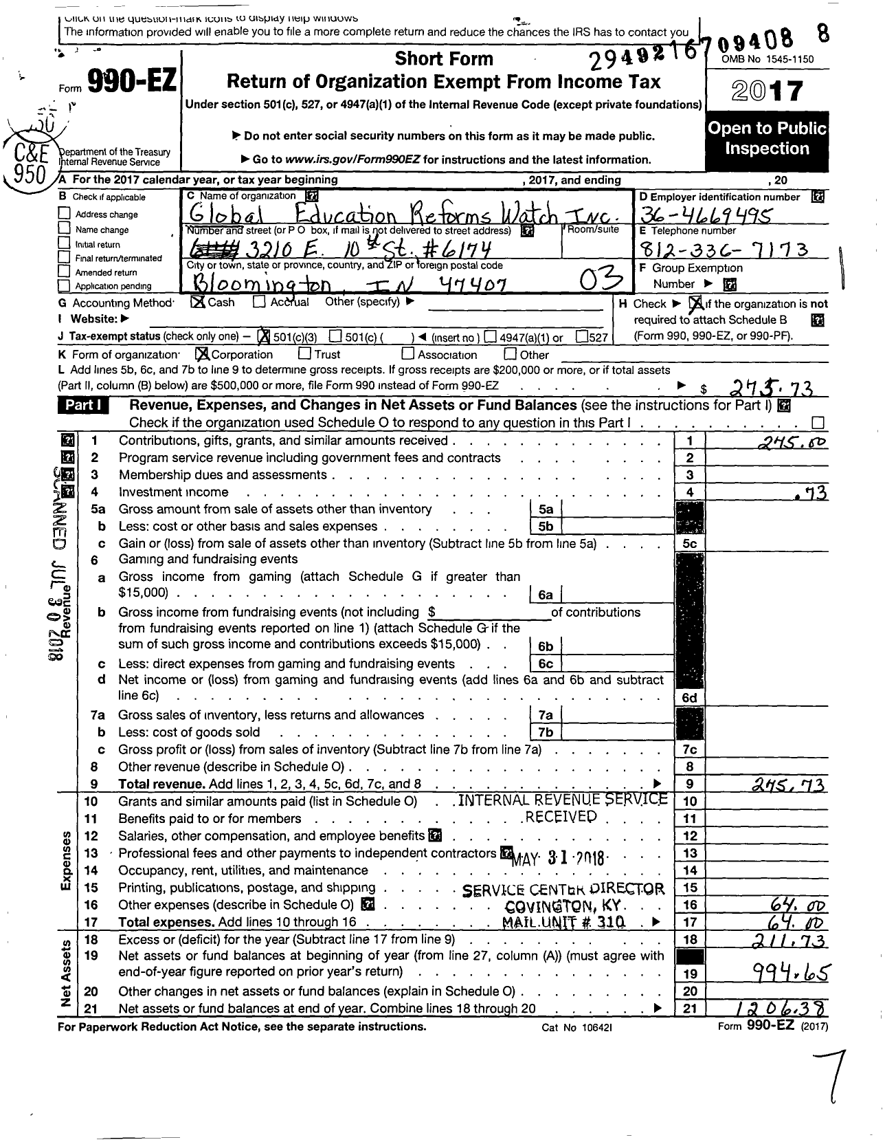 Image of first page of 2017 Form 990EZ for Global Education Reforms Watch