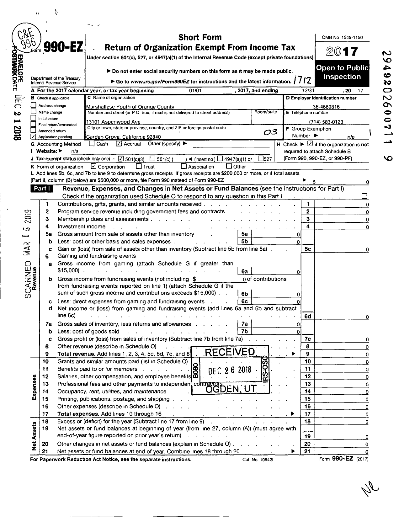 Image of first page of 2017 Form 990EZ for Marshallese Youth of Orange County (MYOC)