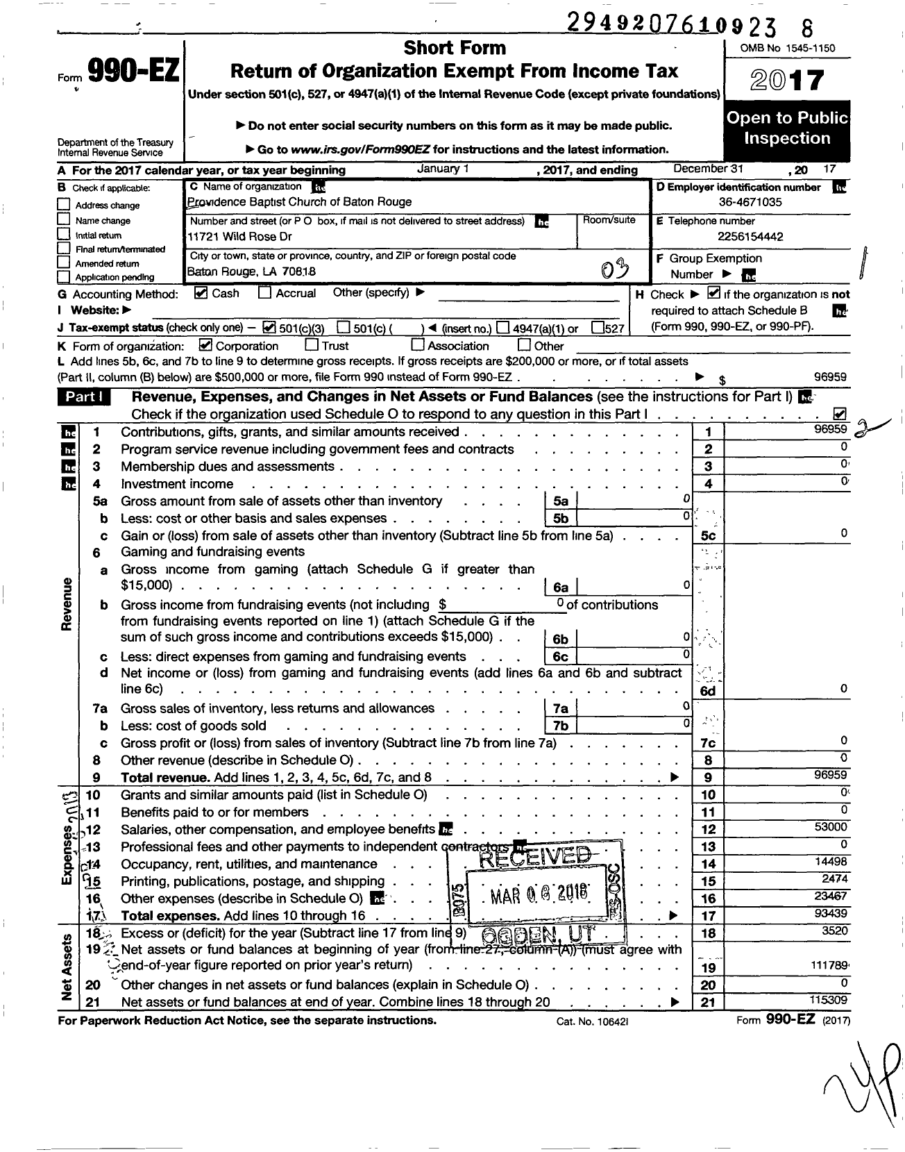 Image of first page of 2017 Form 990EZ for Providence Baptist Church of Baton Rouge