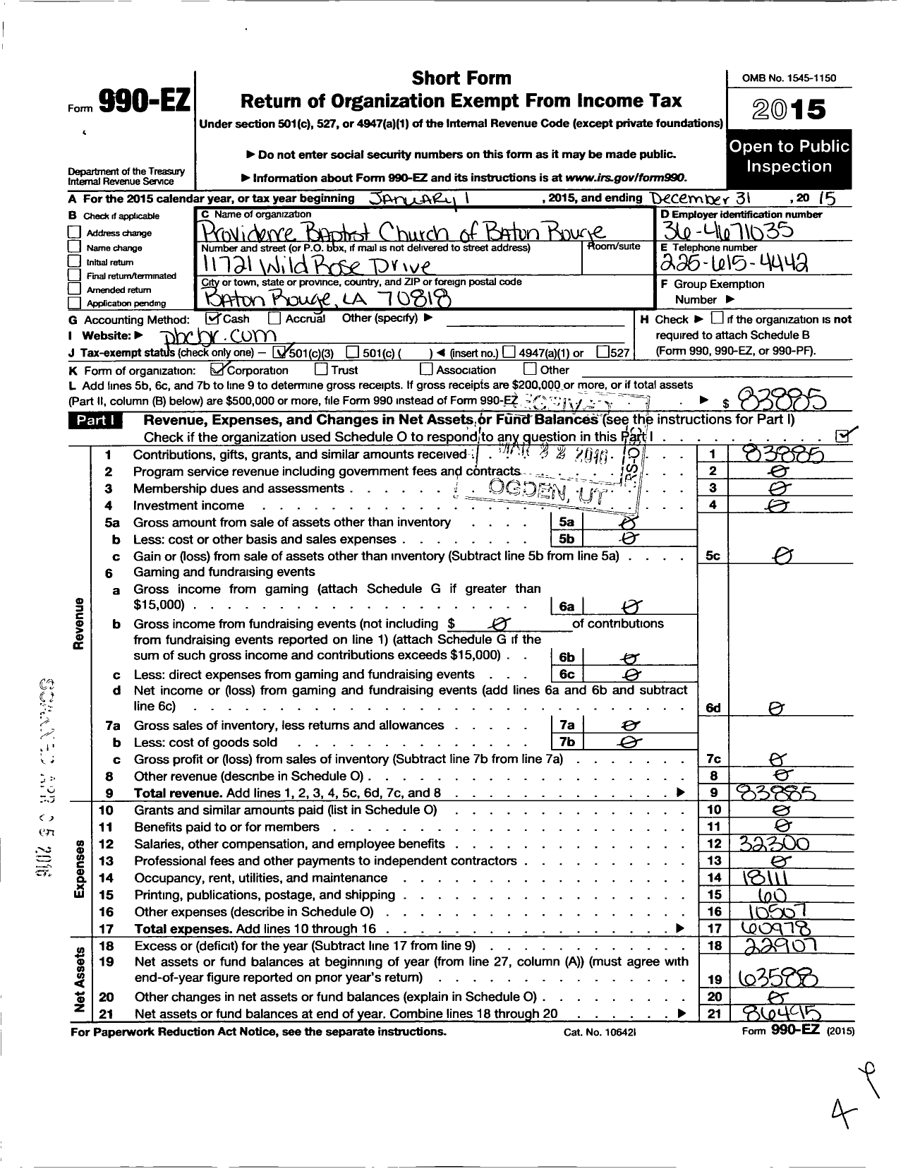 Image of first page of 2015 Form 990EZ for Providence Baptist Church of Baton Rouge
