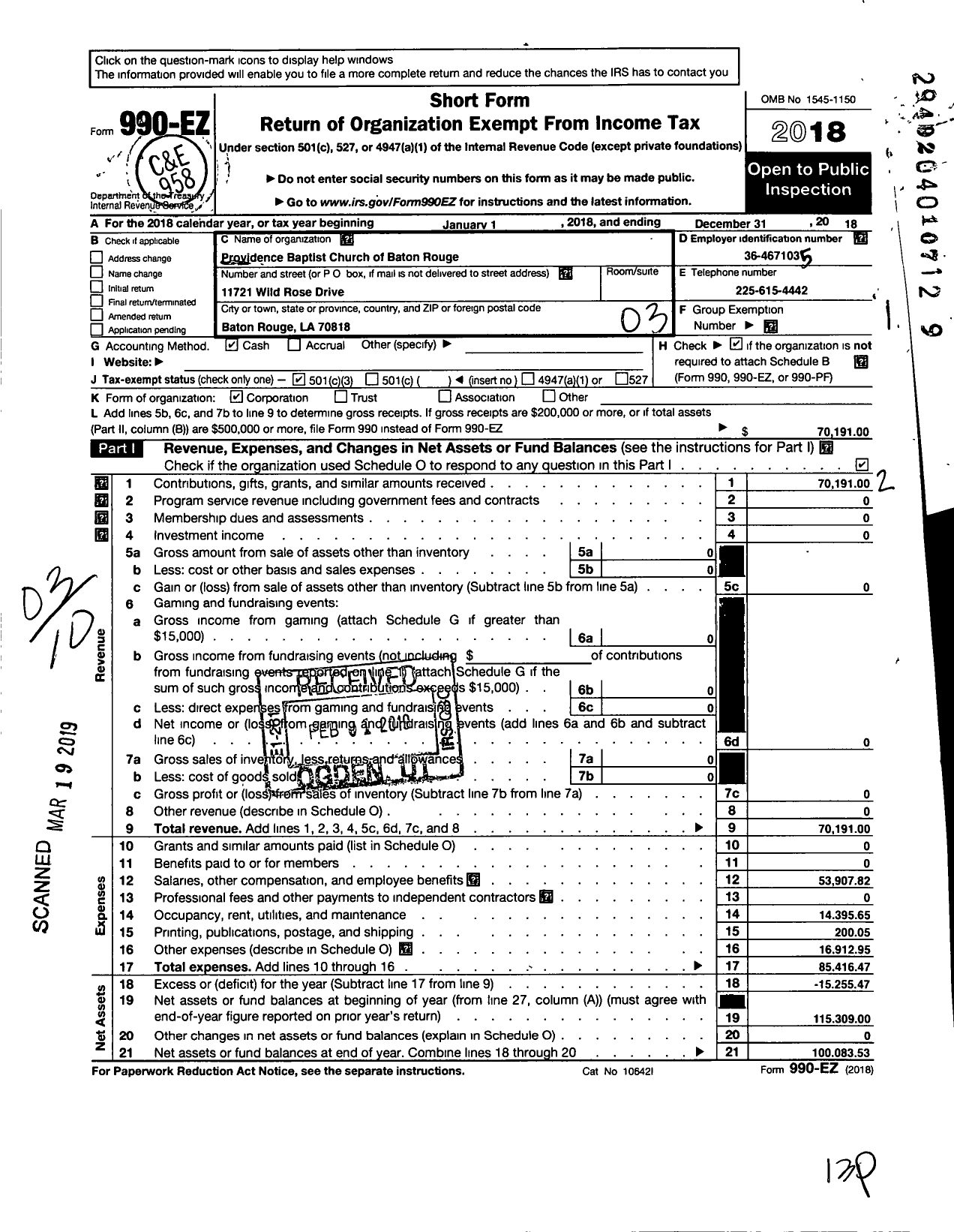 Image of first page of 2018 Form 990EZ for Providence Baptist Church of Baton Rouge