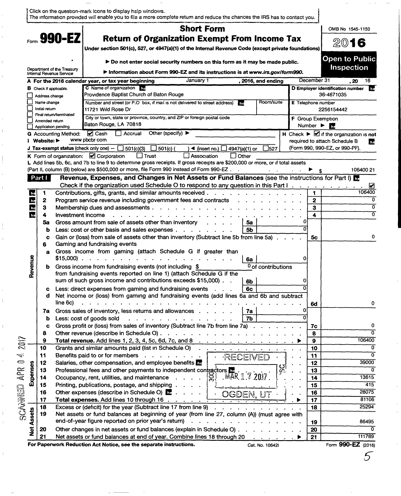 Image of first page of 2016 Form 990EO for Providence Baptist Church of Baton Rouge