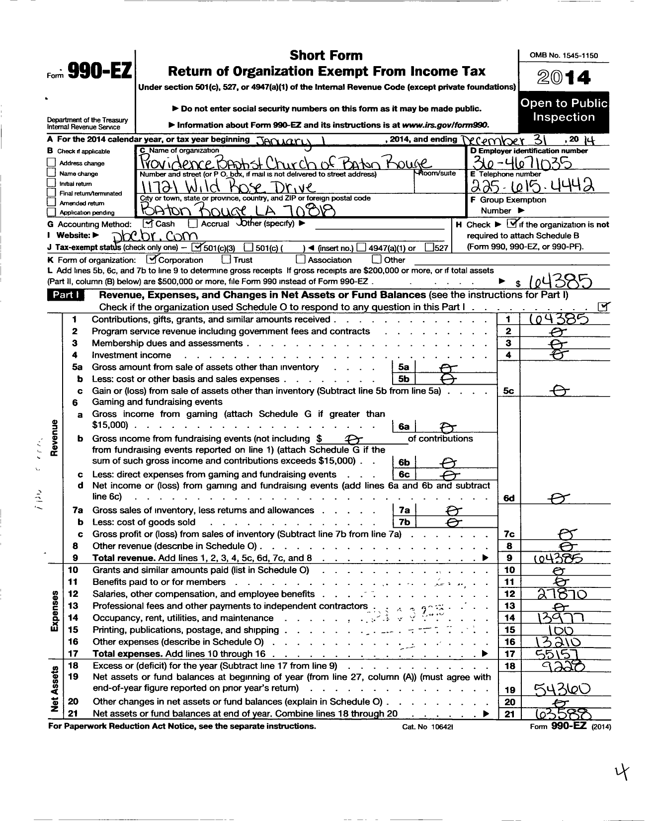 Image of first page of 2014 Form 990EZ for Providence Baptist Church of Baton Rouge