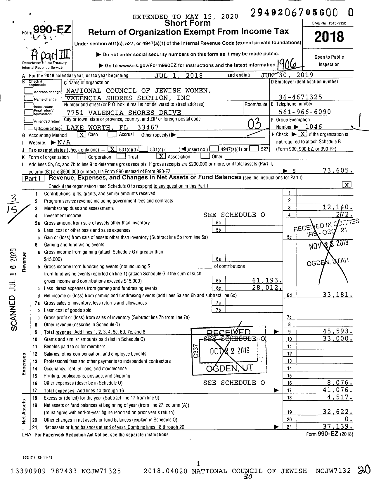 Image of first page of 2018 Form 990EZ for National Council of Jewish Women Valencia Shores Section