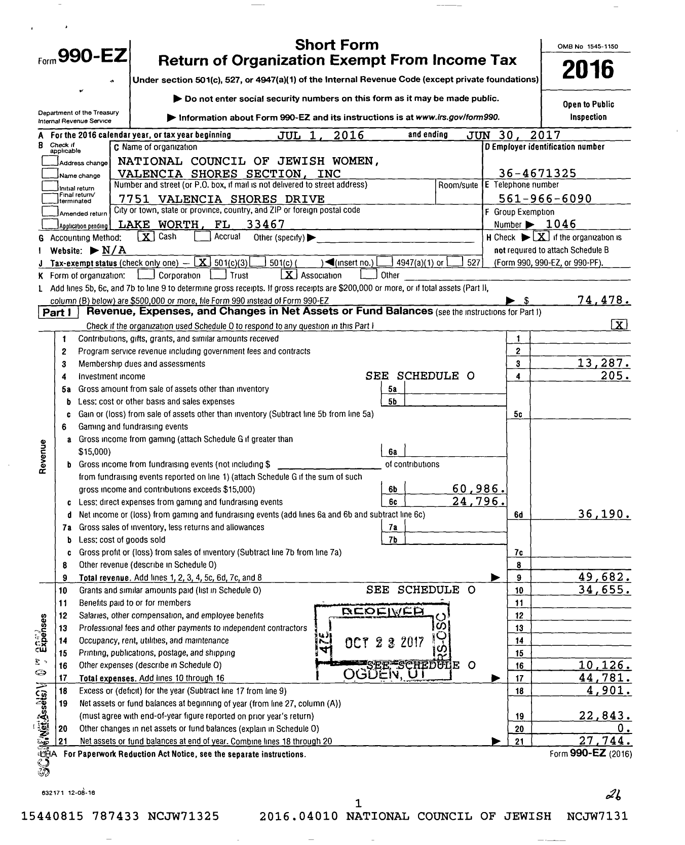 Image of first page of 2016 Form 990EZ for National Council of Jewish Women Valencia Shores Section