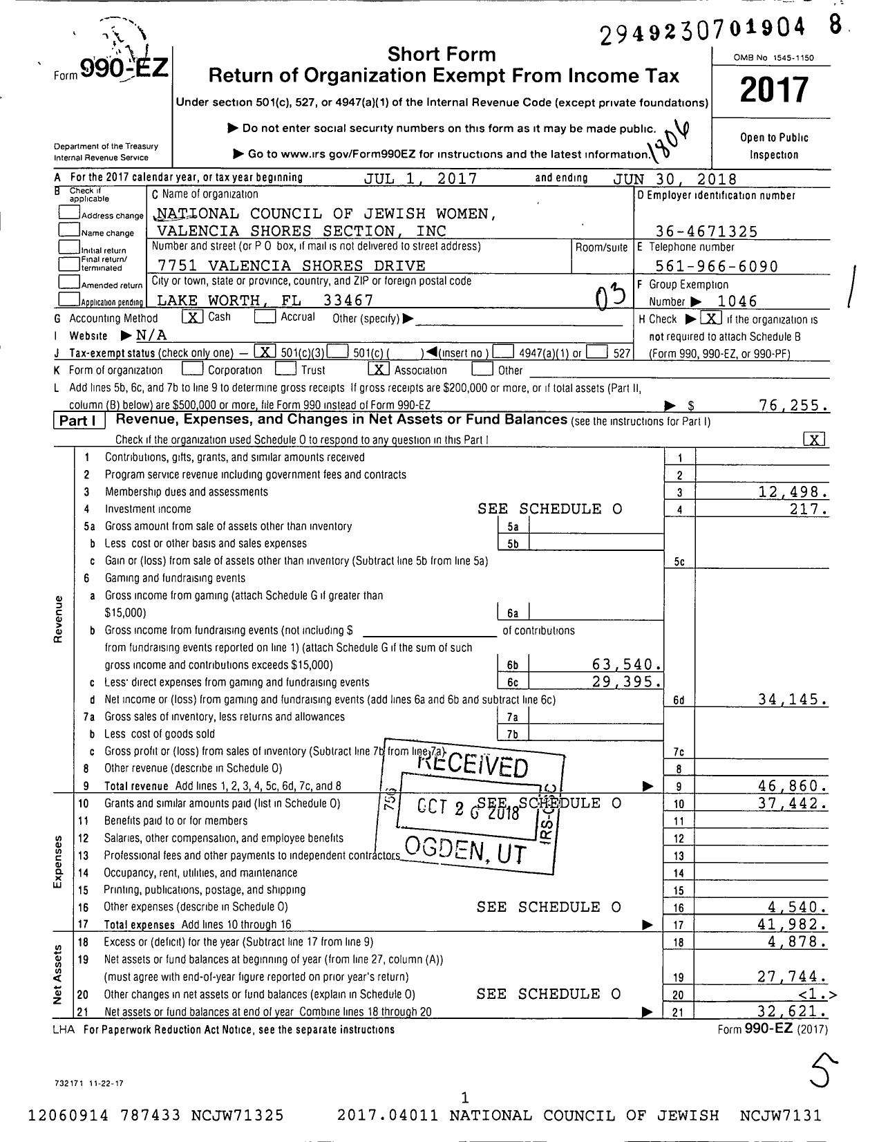 Image of first page of 2017 Form 990EZ for National Council of Jewish Women Valencia Shores Section