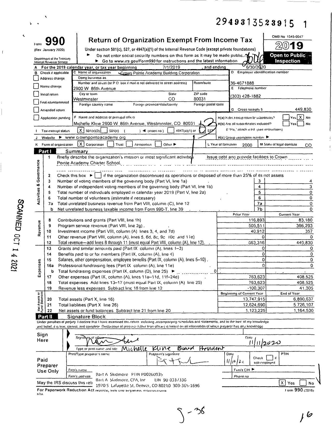 Image of first page of 2019 Form 990 for Crown Pointe Academy Building Corporation