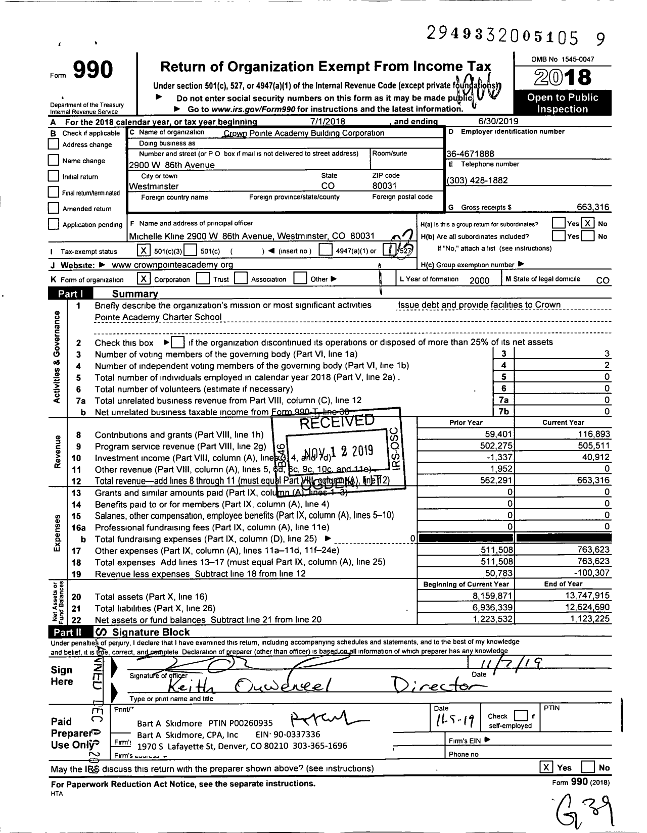 Image of first page of 2018 Form 990 for Crown Pointe Academy Building Corporation