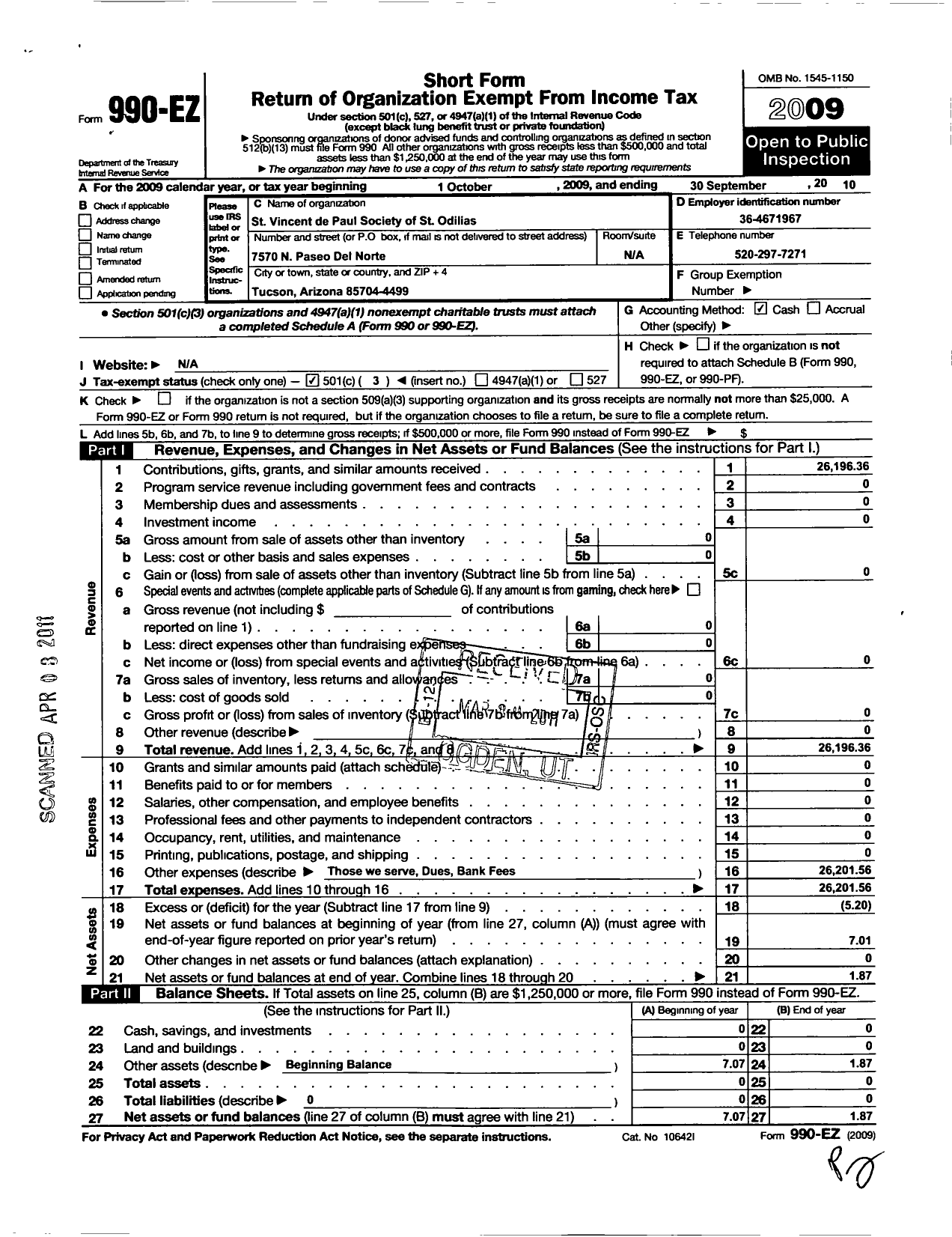 Image of first page of 2009 Form 990EZ for St Vincent de Paul Society of St Odilia