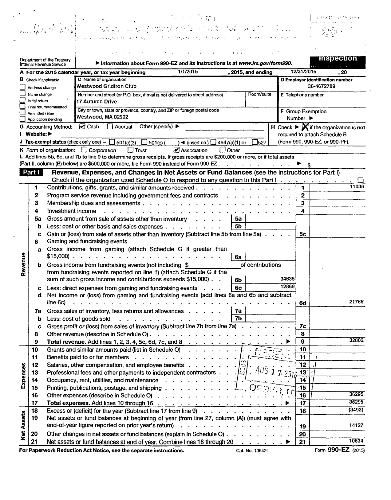 Image of first page of 2015 Form 990ER for Westwood Gridiron Club