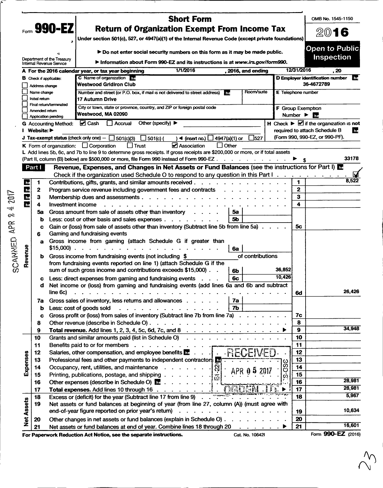 Image of first page of 2016 Form 990EO for Westwood Gridiron Club