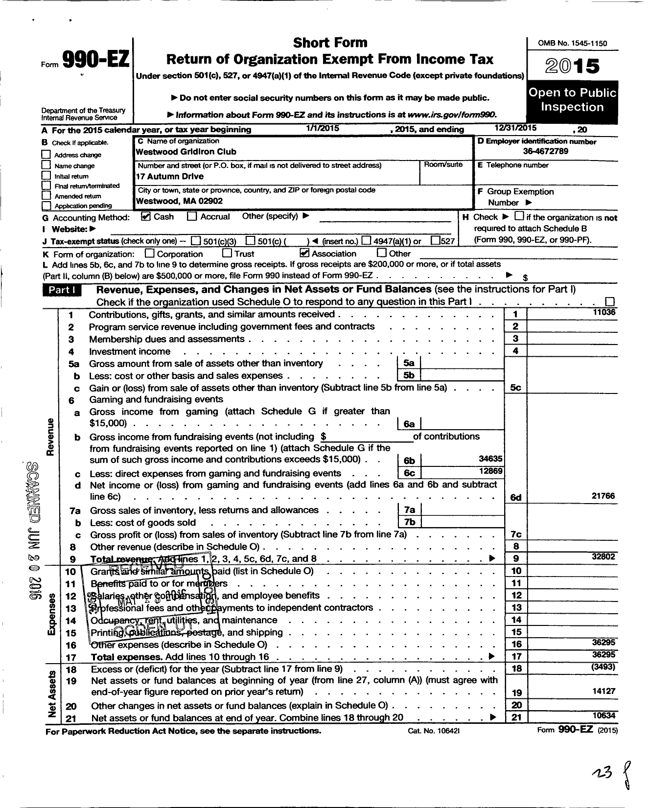 Image of first page of 2015 Form 990EO for Westwood Gridiron Club