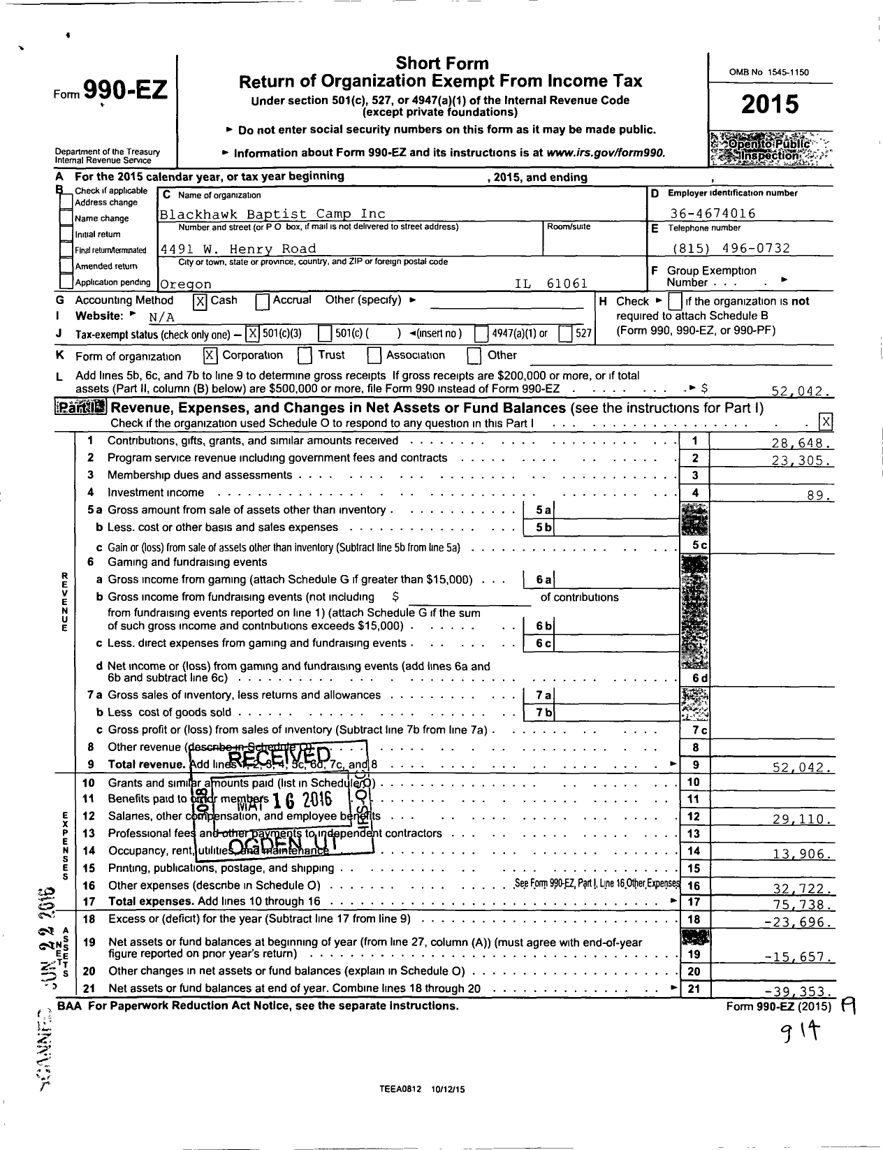 Image of first page of 2015 Form 990EZ for Blackhawk Baptist Camp