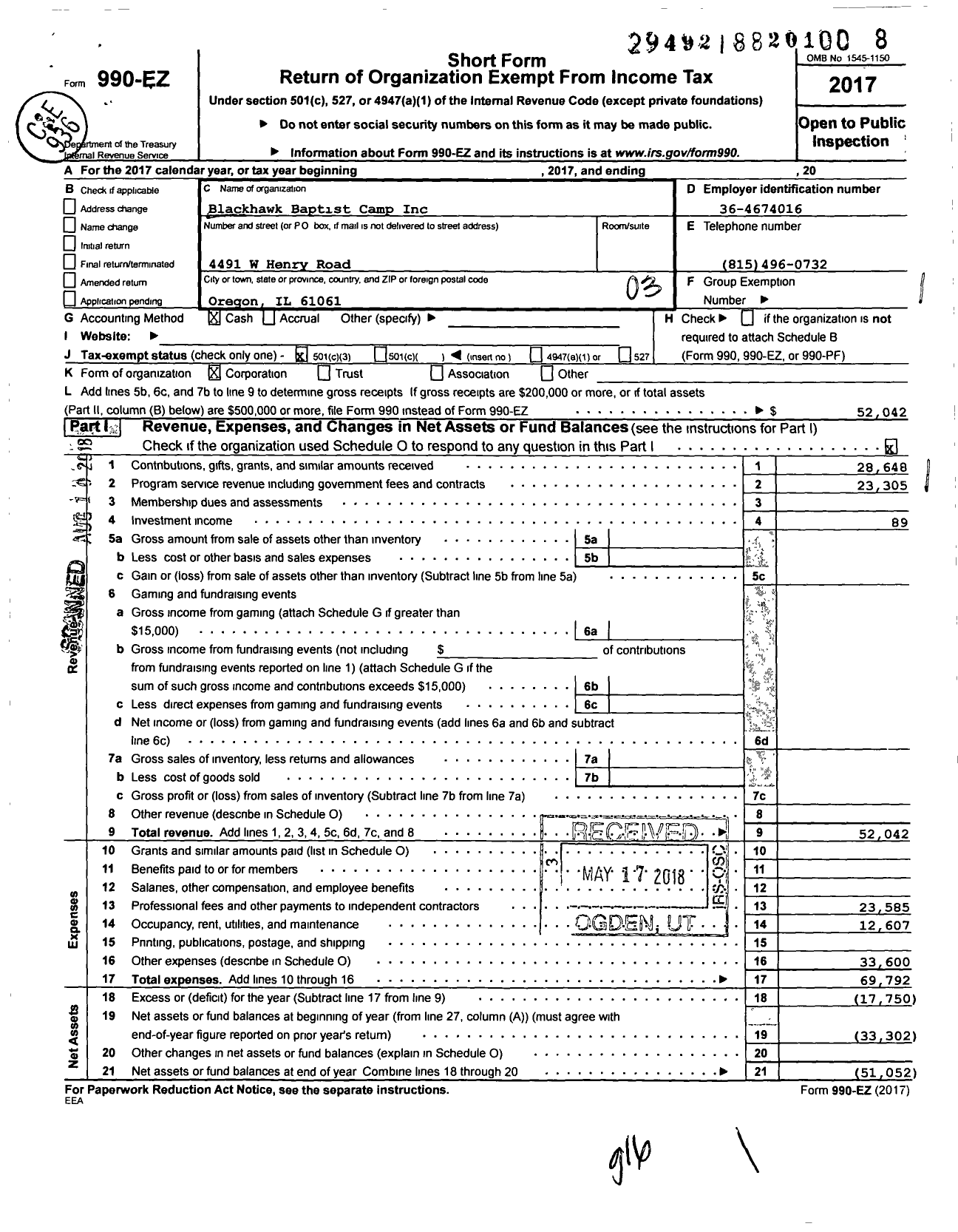 Image of first page of 2017 Form 990EZ for Blackhawk Baptist Camp