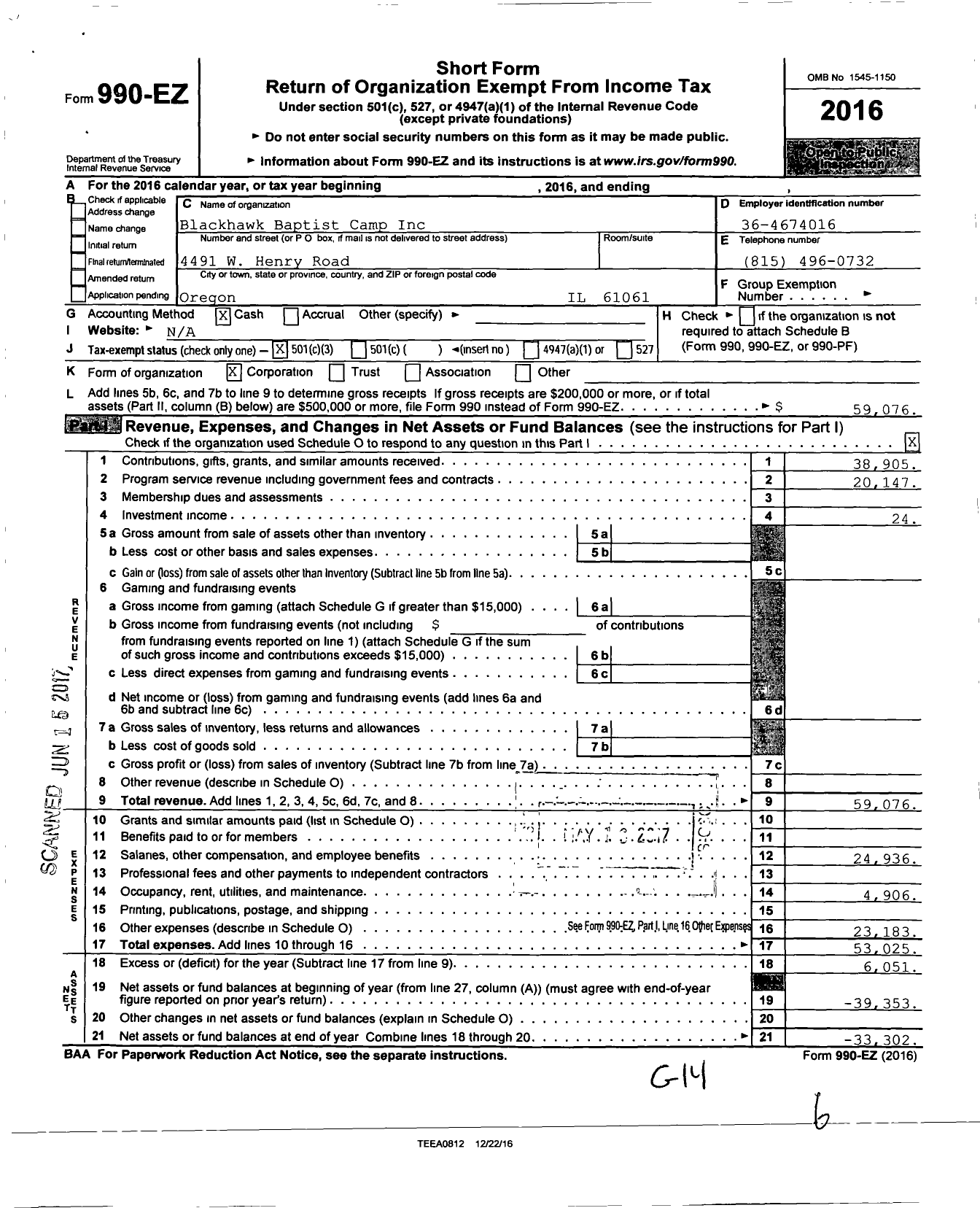 Image of first page of 2016 Form 990EZ for Blackhawk Baptist Camp