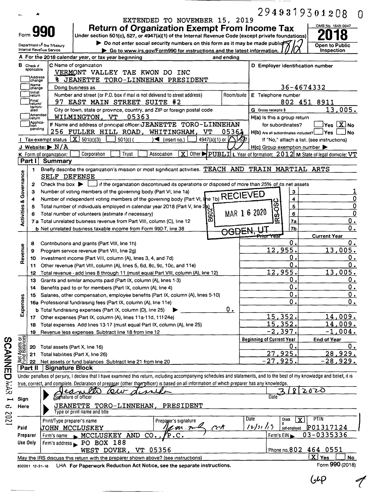 Image of first page of 2018 Form 990 for Vermont Valley Tae Kwon Do