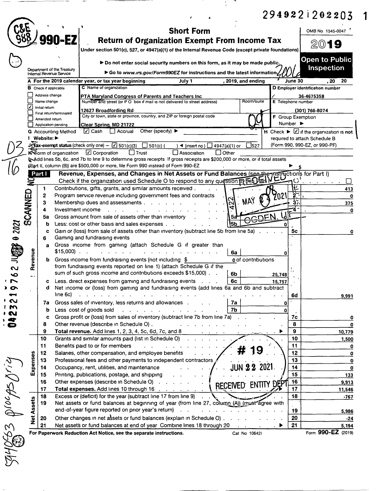 Image of first page of 2019 Form 990EZ for PTA Maryland Congress of Parents and Teachers / Clear Springs Elementary School PTA