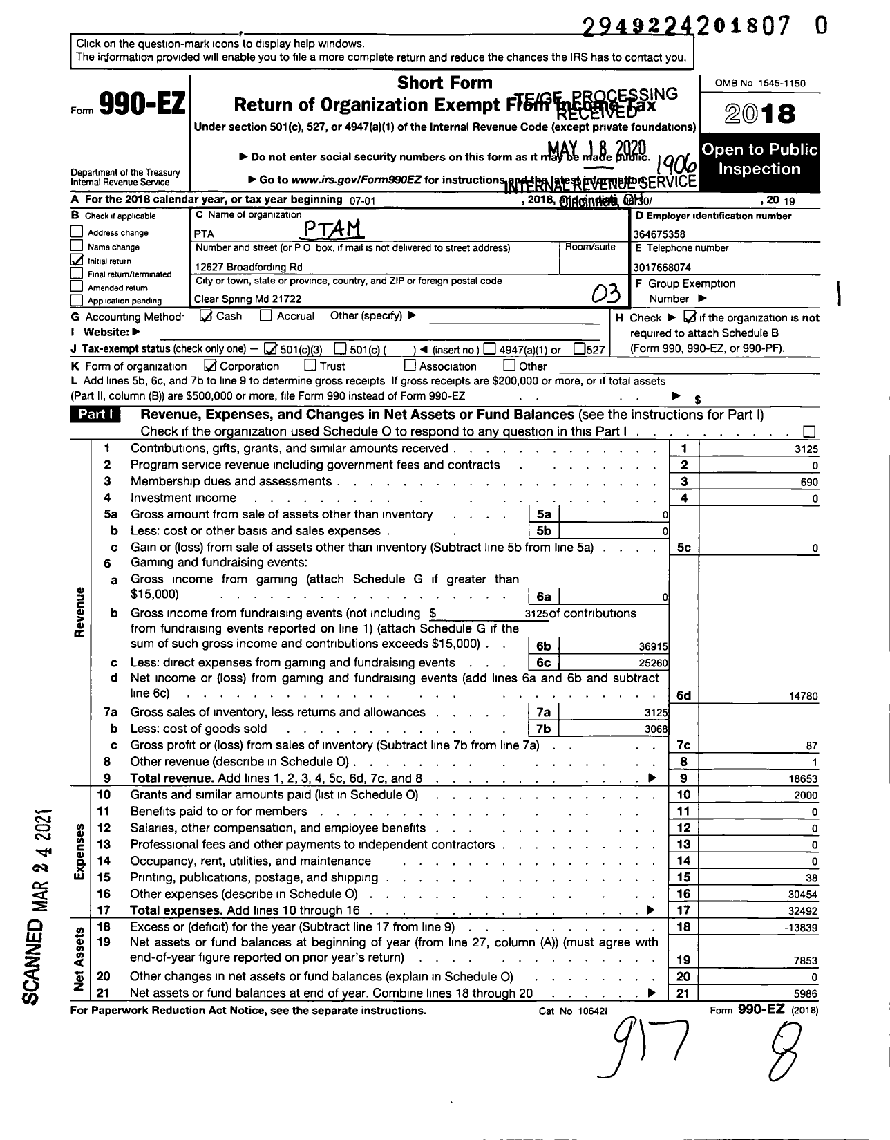 Image of first page of 2018 Form 990EZ for PTA Maryland Congress of Parents and Teachers / Clear Springs Elementary School PTA