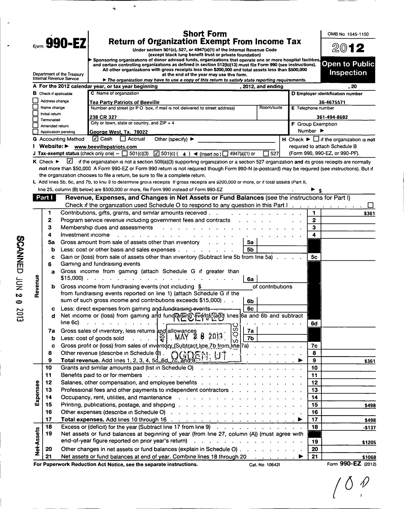 Image of first page of 2012 Form 990EO for Tea Party Patriots of Beeville