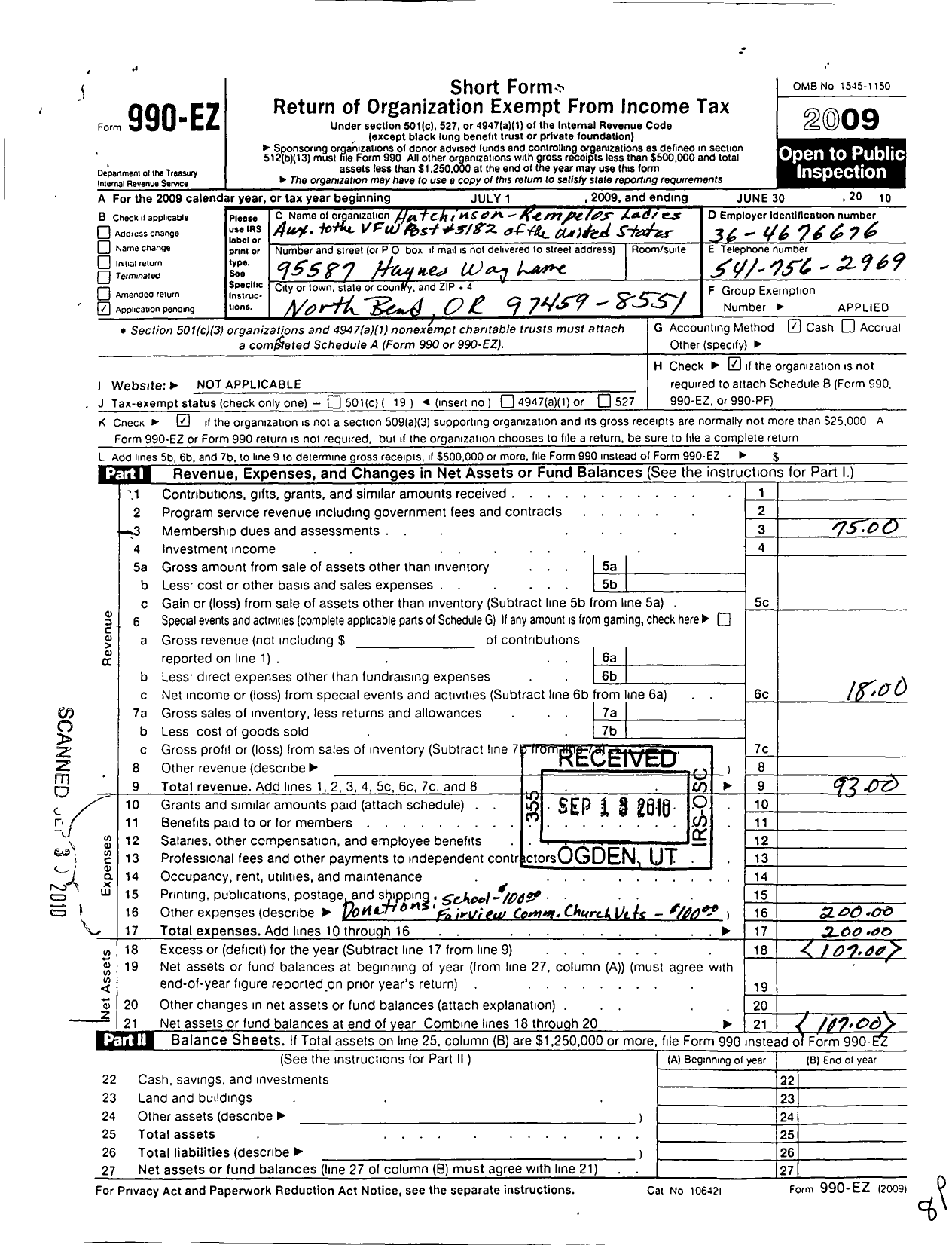 Image of first page of 2009 Form 990EO for Veterans of Foreign Wars of the United States Department of Oregon - 3182 Hutchinson Rempelos Auxiliary