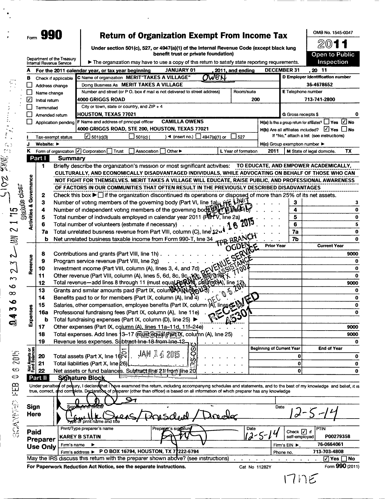 Image of first page of 2011 Form 990 for Merit Takes A Village