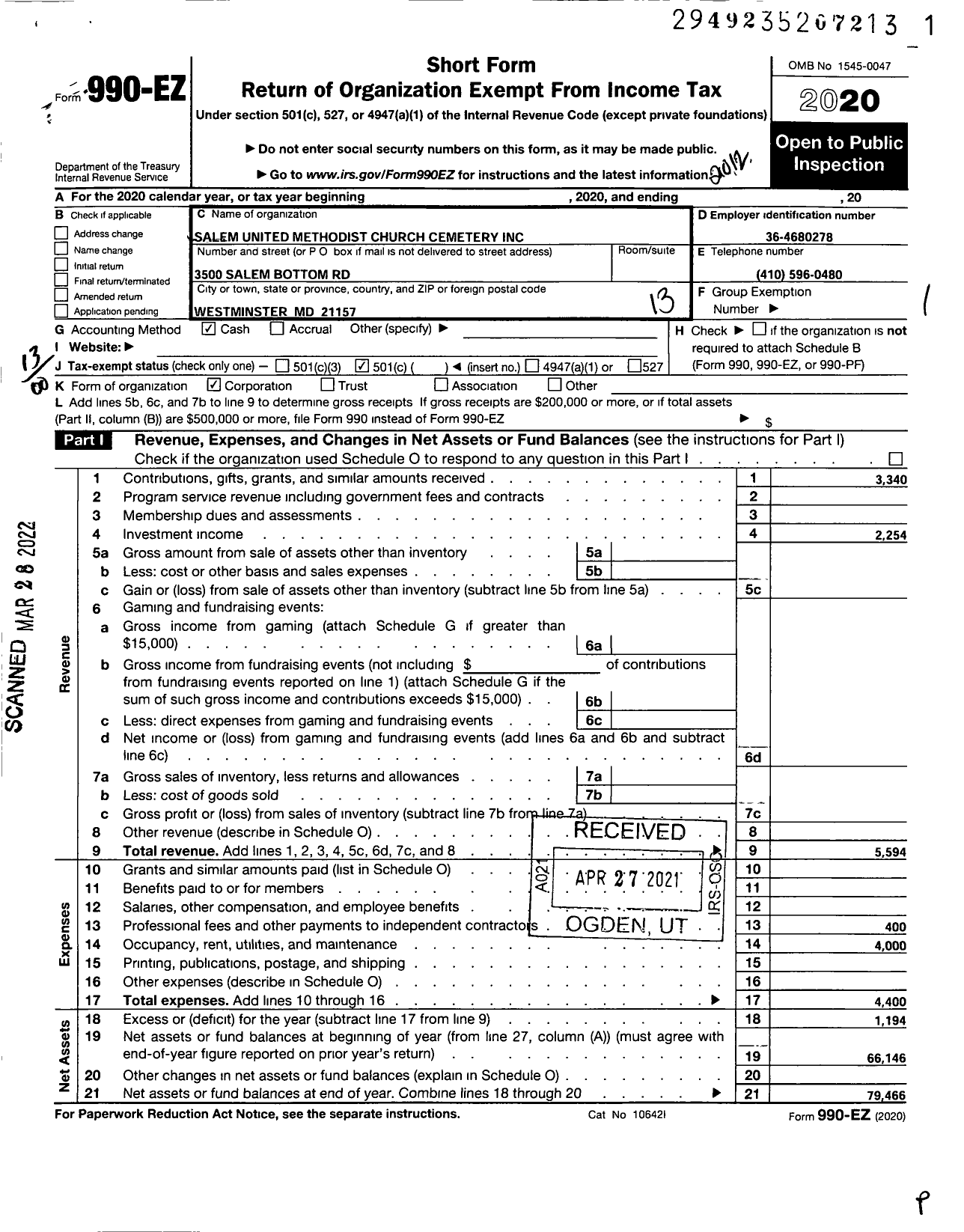 Image of first page of 2020 Form 990EO for Salem United Methodist Church Cemetery