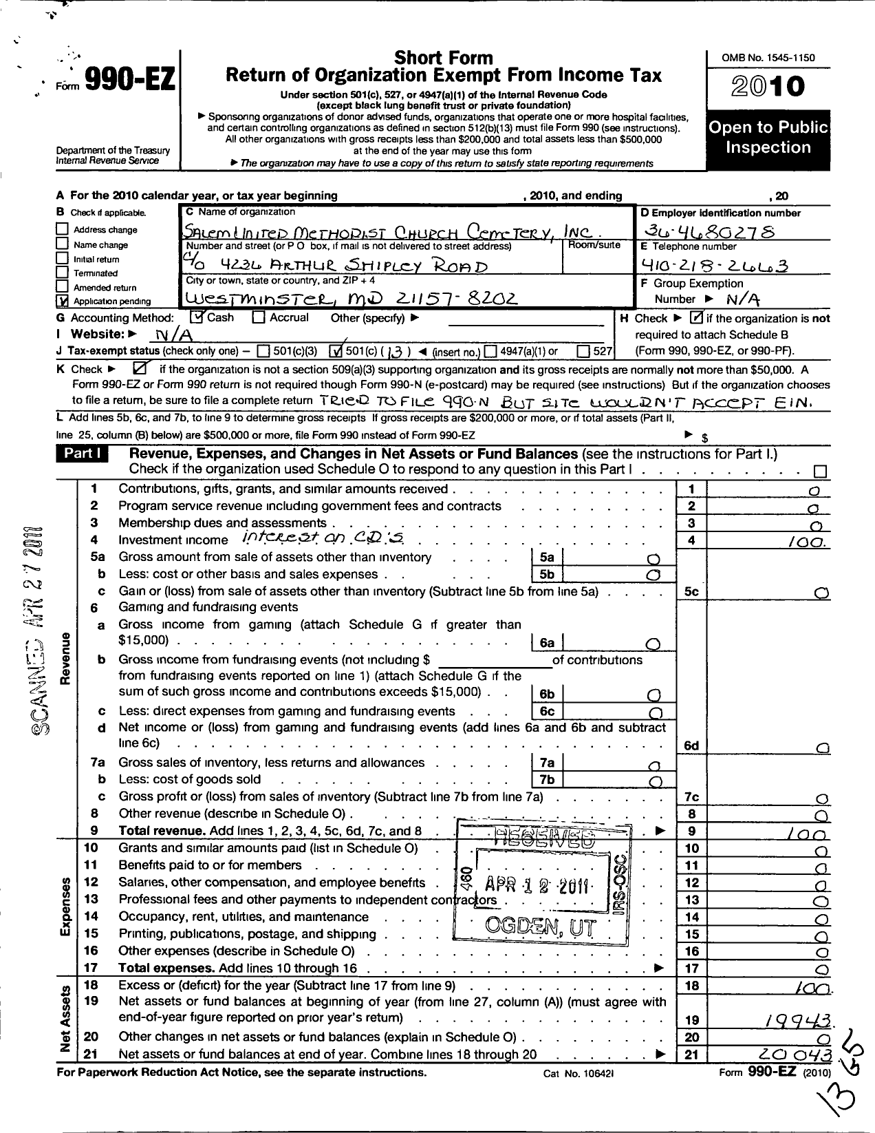 Image of first page of 2010 Form 990EO for Salem United Methodist Church Cemetery