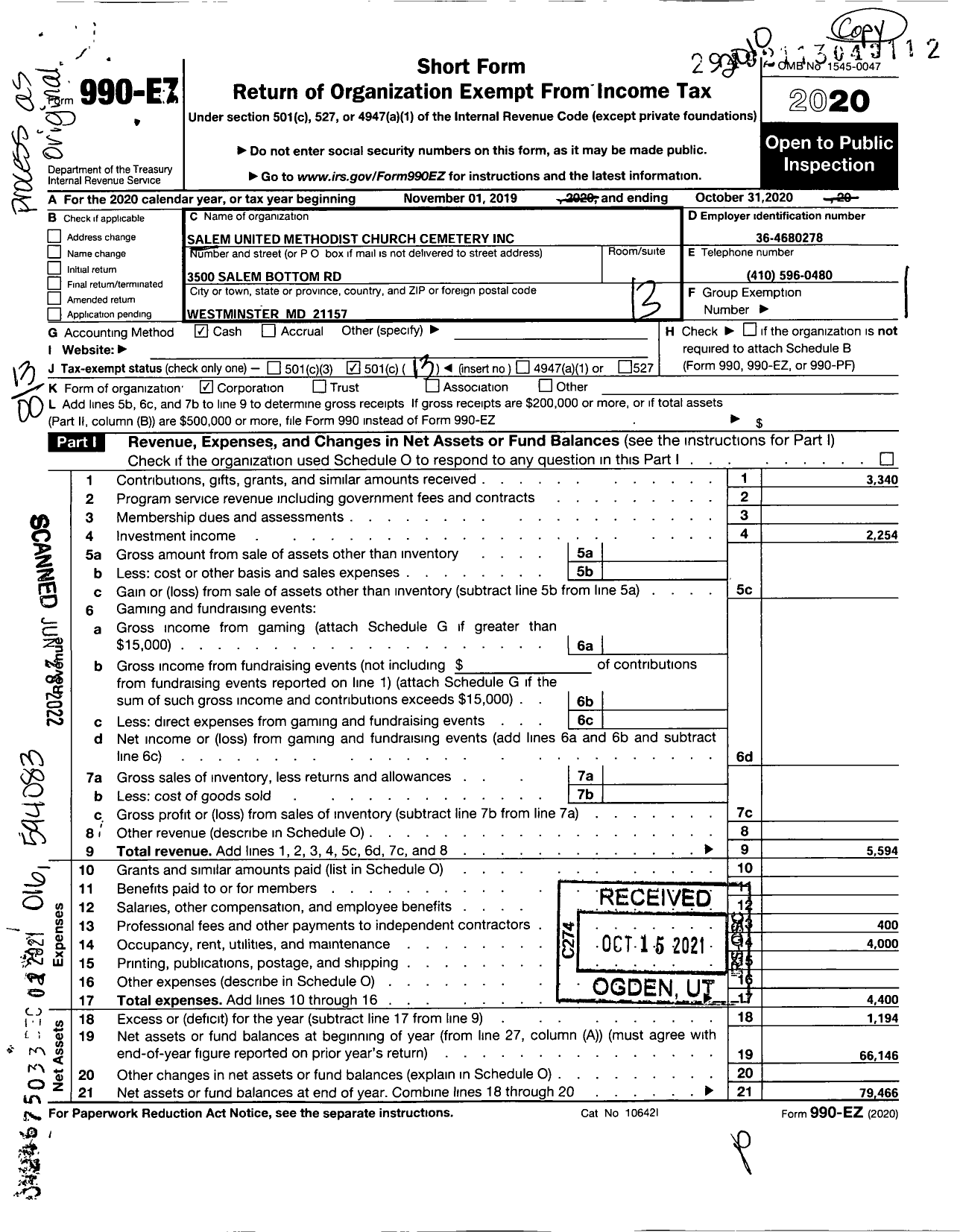 Image of first page of 2019 Form 990EO for Salem United Methodist Church Cemetery