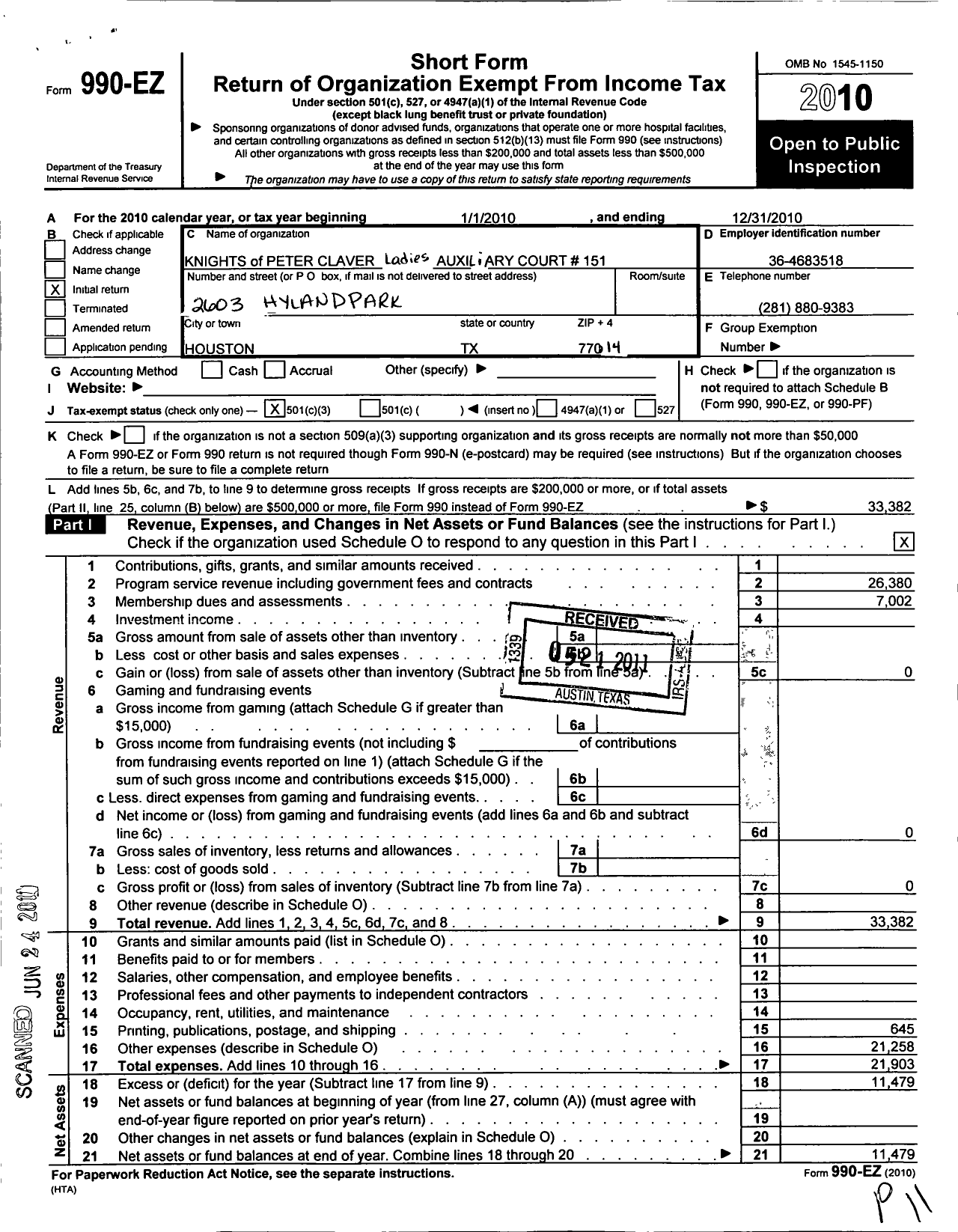 Image of first page of 2010 Form 990EZ for Knights of Peter Claver - 151 St Monica Council