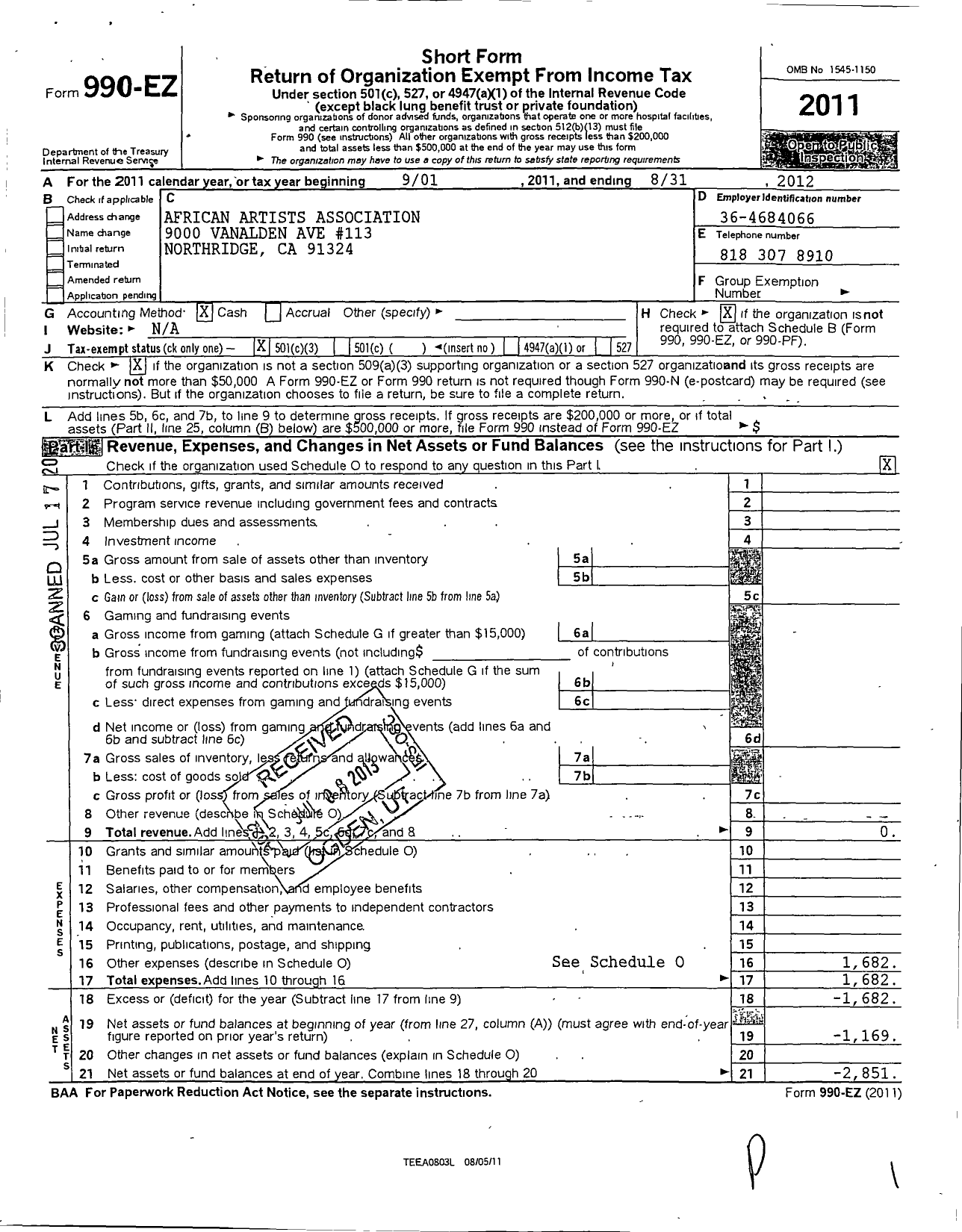 Image of first page of 2011 Form 990EZ for African Artists Association