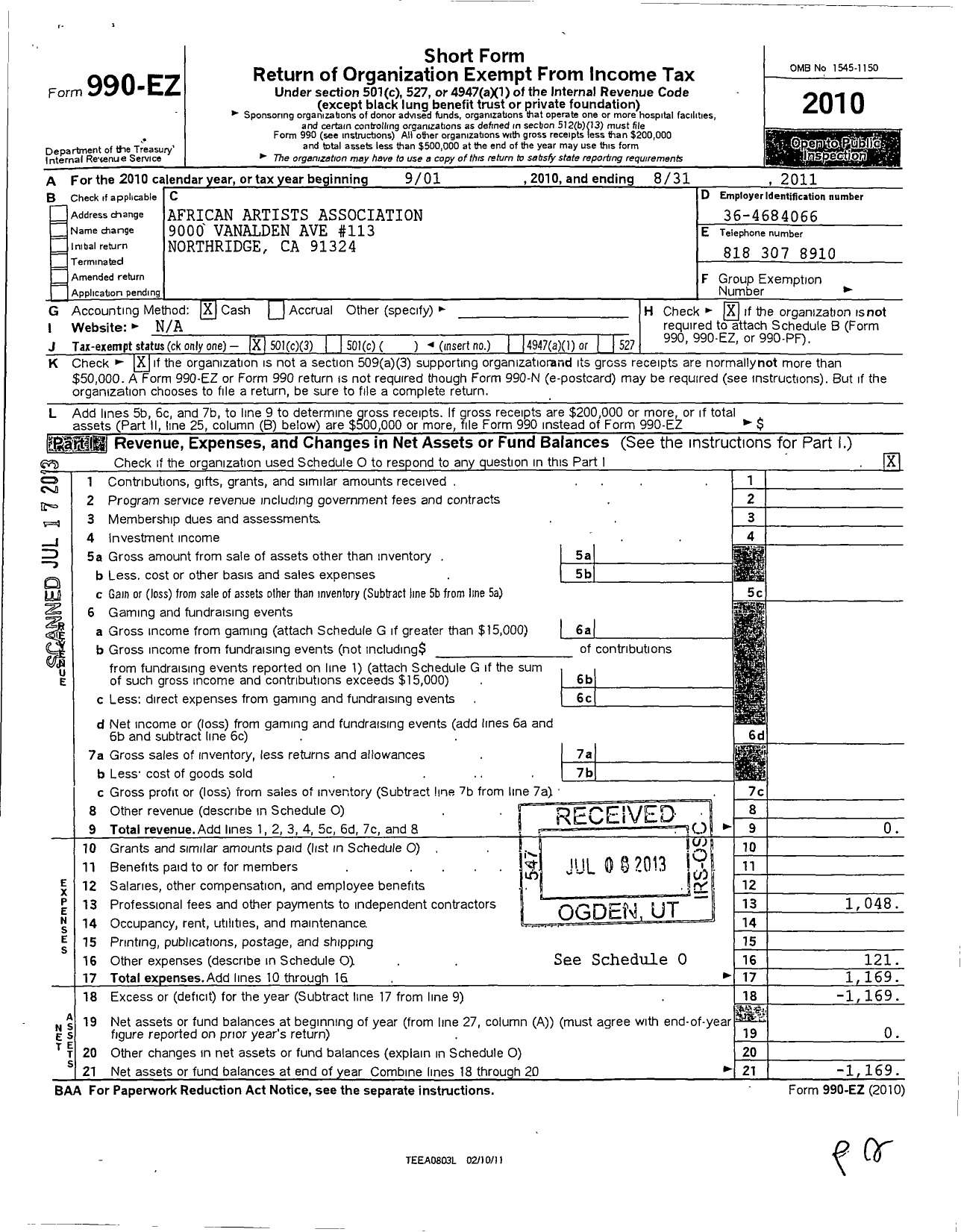 Image of first page of 2010 Form 990EZ for African Artists Association