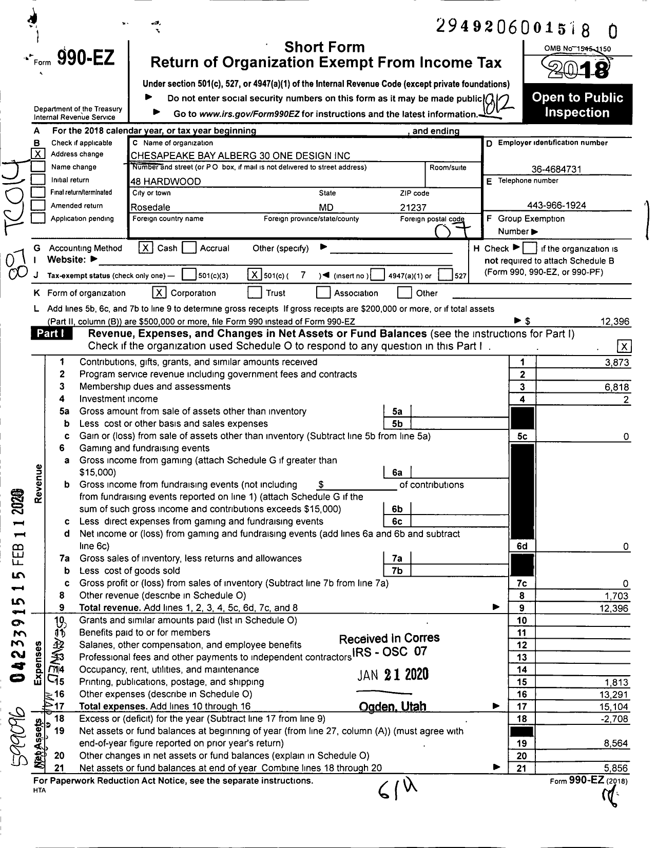 Image of first page of 2018 Form 990EO for Chesapeake Bay Alberg 30 One Design Association