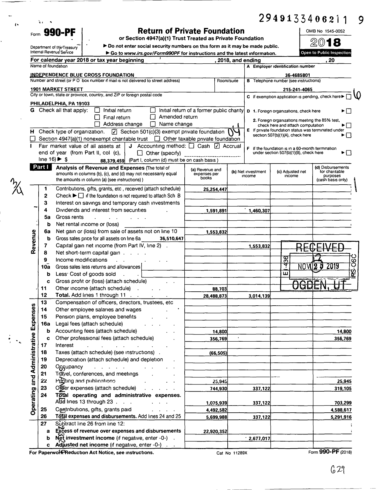 Image of first page of 2018 Form 990PF for Independence Blue Cross Foundation